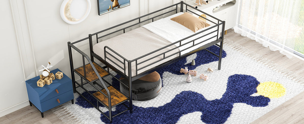 Mid Loft Bed With Storage Stairs, Twin, Black Twin Black Mdf Metal