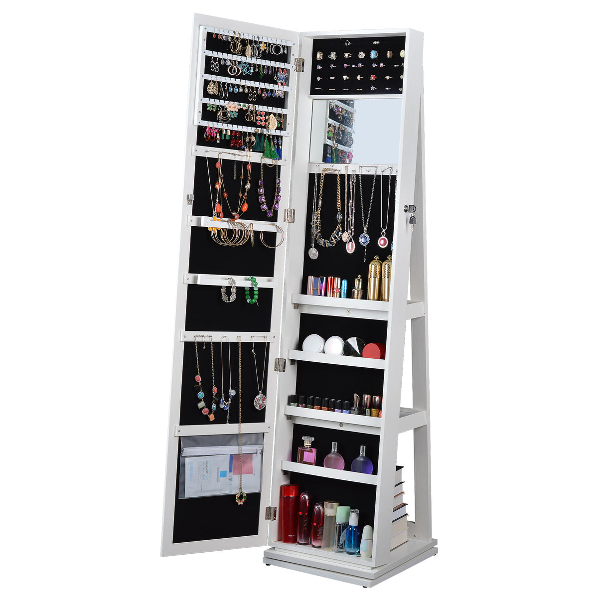 Full Length Mirror 360 Swivel Jewelry Cabinet White Mdf