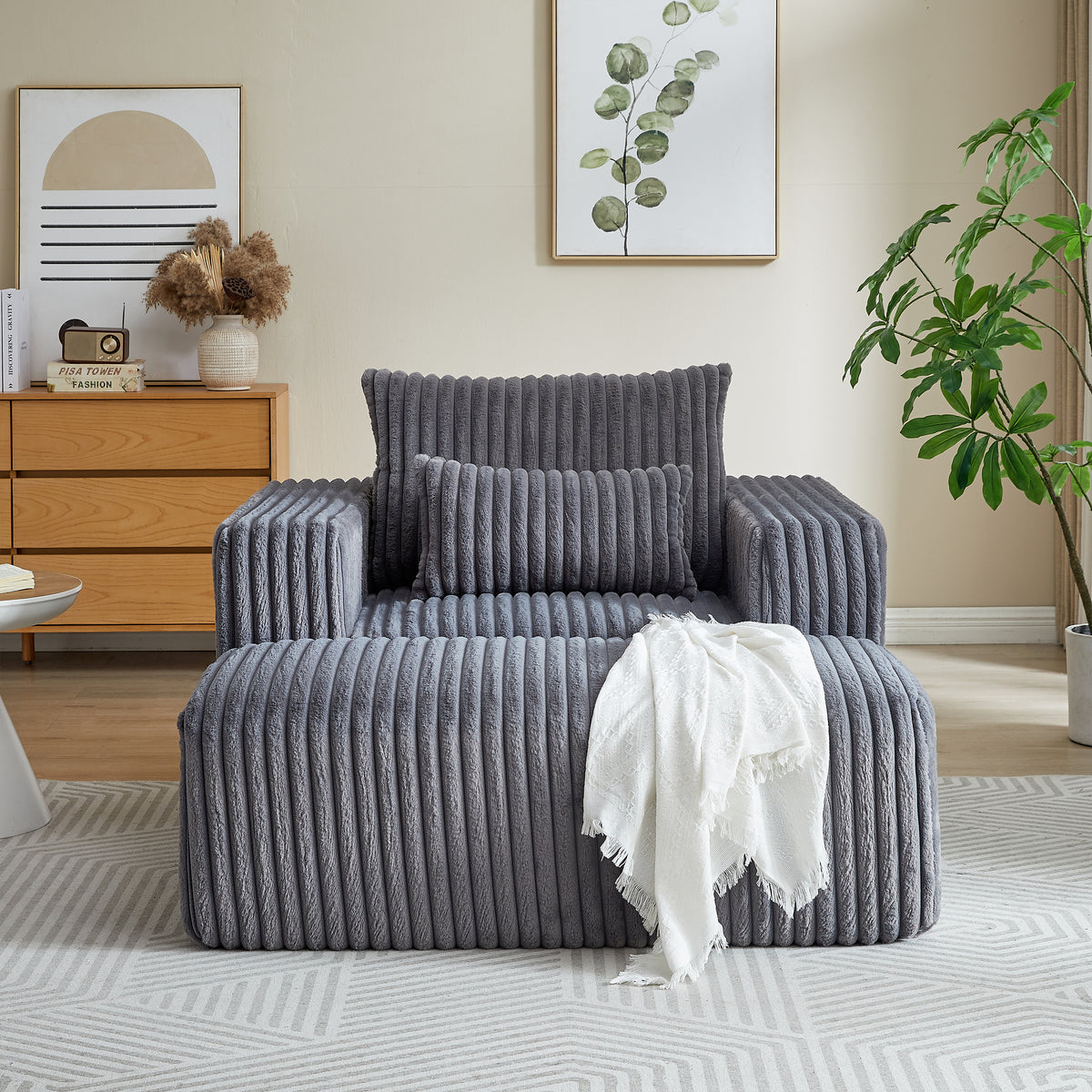 62.5 Inch Corduroy Sponge Sofa Lounge Chair With Removable Footrest,No Assembly Required,Fluffy Modern Sleeper Chair For Indoor Living Room Bedroom Grey Foam Corduroy 1 Seat