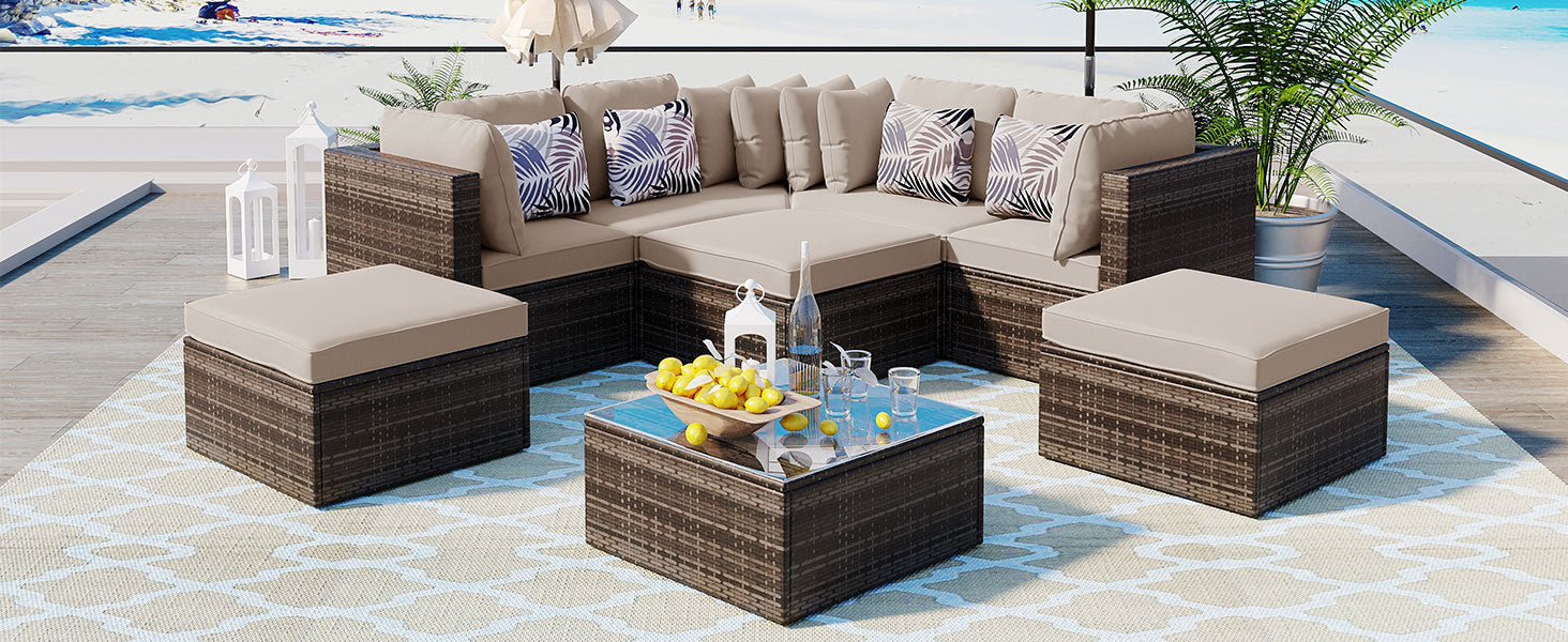8 Piece Outdoor Wicker Sofa Set, Rattan Sofa Lounger, With Colorful Pillows, Conversation Sofa, For Patio, Garden, Deck, Brown Wicker, Beige Cushion Yes Brown Garden & Outdoor Complete Patio Sets Foam Wicker