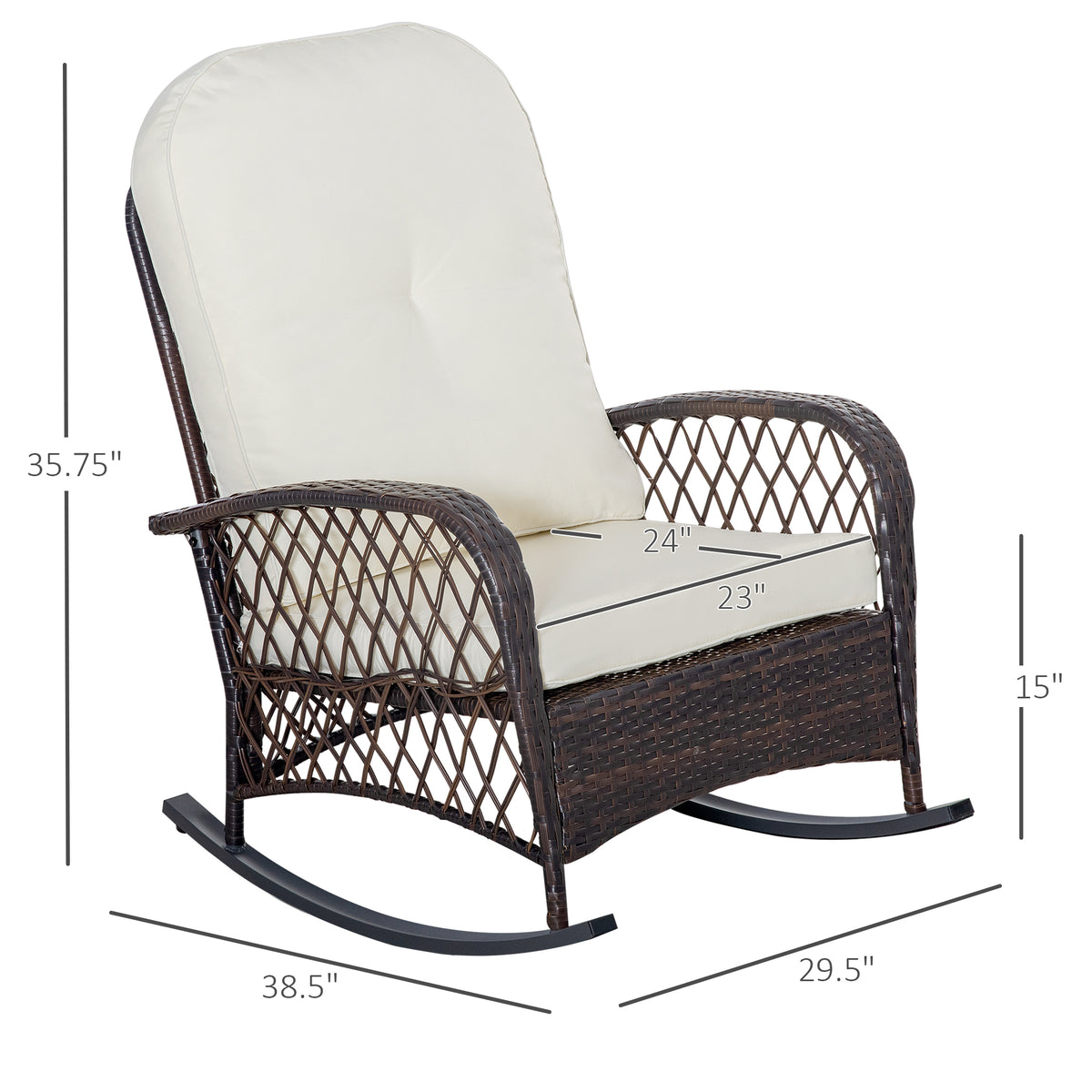 Outsunny Outdoor Wicker Rocking Chair With Wide Seat, Thick, Soft Cushion, Rattan Rocker W Steel Frame, High Weight Capacity For Patio, Garden, Backyard, Cream White Cream White Polyester