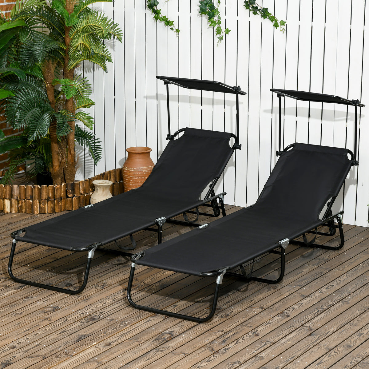 Outsunny Folding Chaise Lounge Pool Chairs, Outdoor Sun Tanning Chairs With Canopy Shade, Reclining Back, Steel Frame And Side Pocket For Beach, Yard, Patio, Black Black Steel