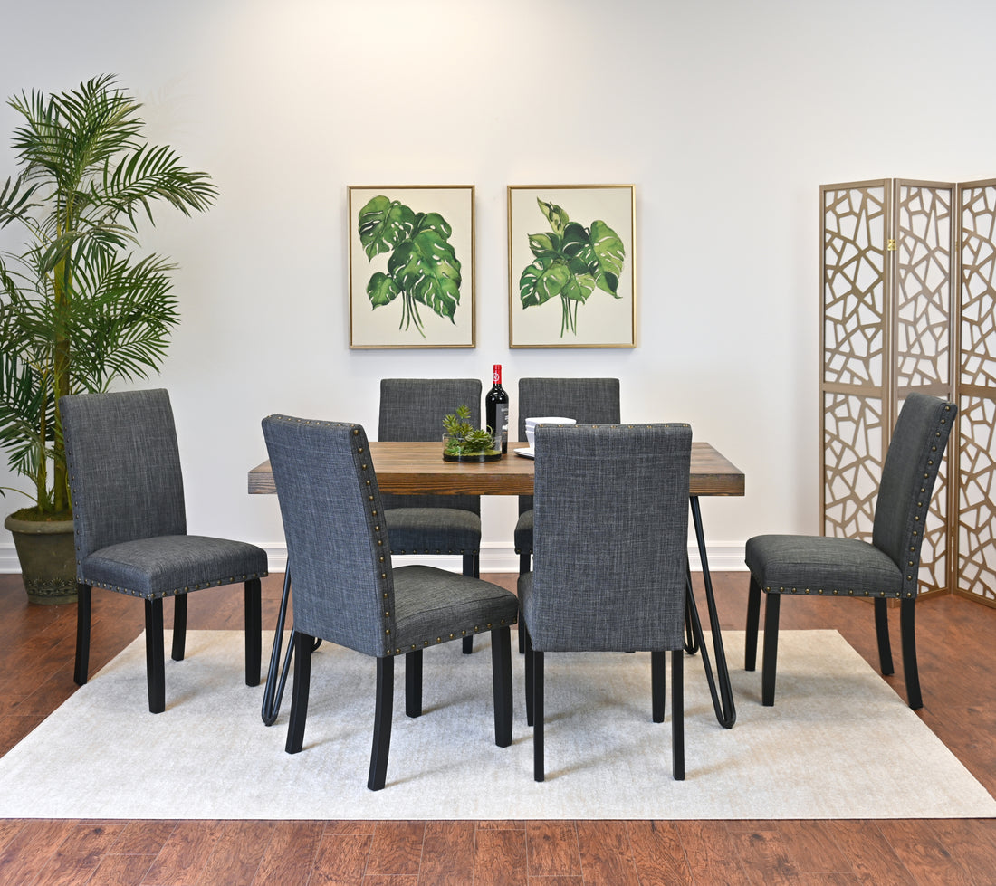 Amisos 7 Piece Dining Set, Hairpin Dining Table With 6 Chairs, 3 Color Options Wood Wood Brown Seats 6 Metal Dining Room Fixed Table Rectangular 4 Leg Rectangular Dining Table With Chair Mdf