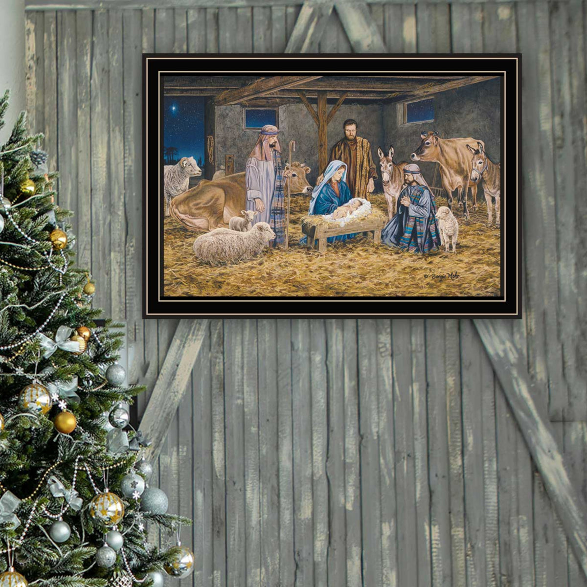 The Greatest Gift Of All The Birth Of Christ Black Framed Wall Art For Living Room, Nativity Wall Art Print For Home Decor, Bedroom Wall Art By Bonnie Mohr Multicolor Wood Paper
