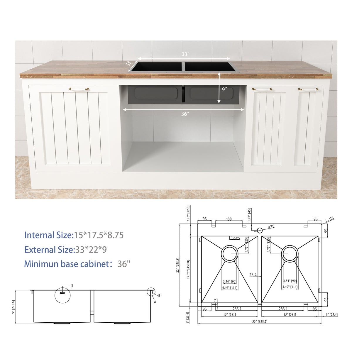 Double Bowl Drop In Sink 33"X22" Gunmetal Black Double Bowl Kitchen Sink 18 Gauge With Two 9" Deep Basin Gunmetal Black Stainless Steel