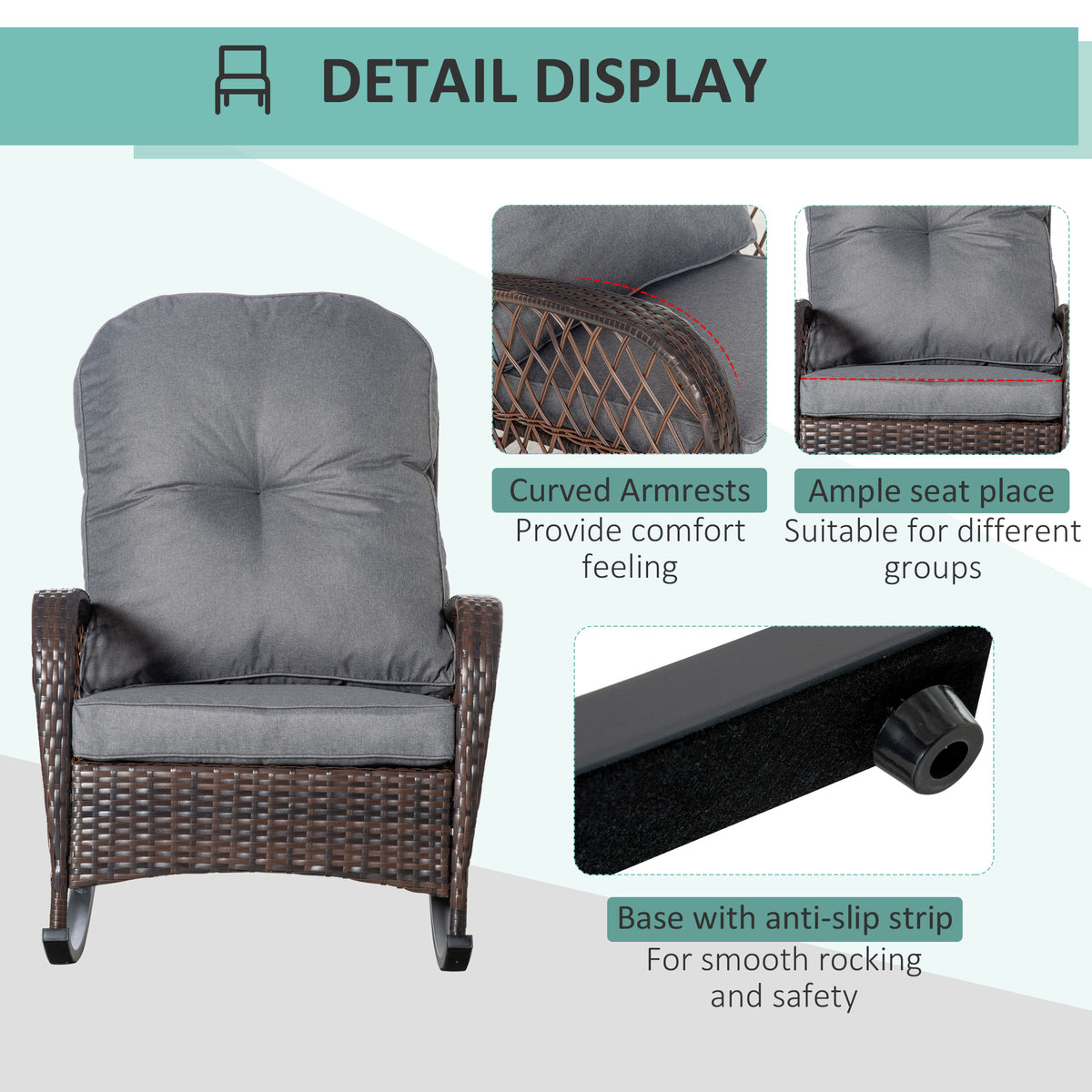 Outsunny Outdoor Wicker Rocking Chair With Wide Seat, Thick, Soft Cushion, Rattan Rocker W Steel Frame, High Weight Capacity For Patio, Garden, Backyard, Grey Gray Steel