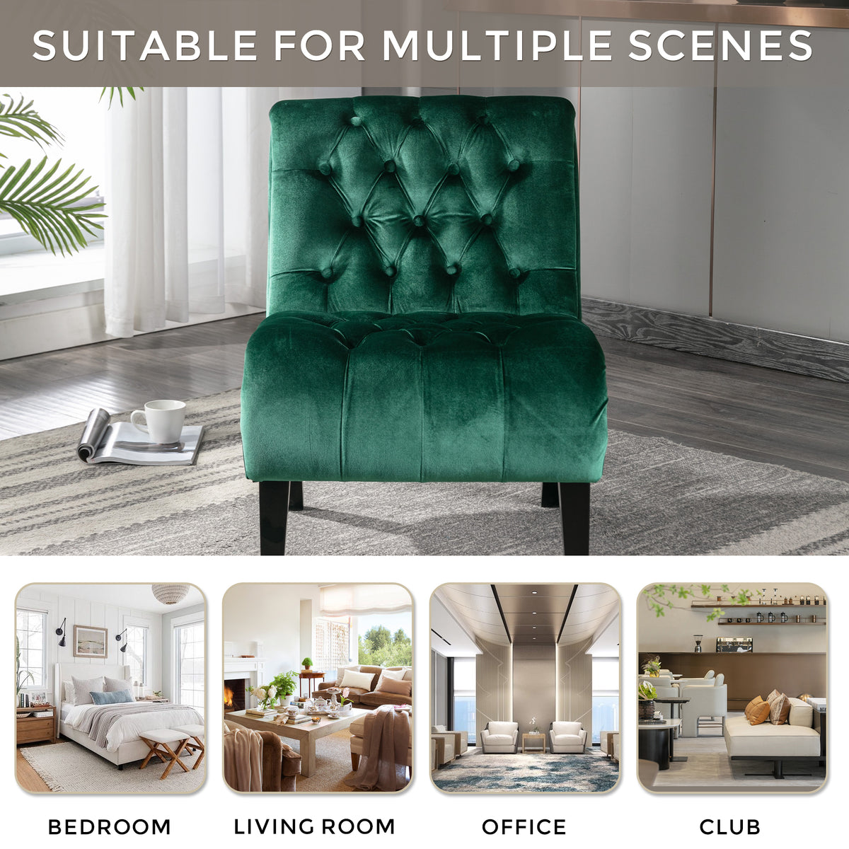 Coolmore Modern Velvet Armless Accent Living Room Chair Leisure Chair,Upholstered Fabric Button Comfortable Chair With Wooden Legs For Bedroom, Living Room, Office Green Velvet Green Primary Living Space Foam Velvet