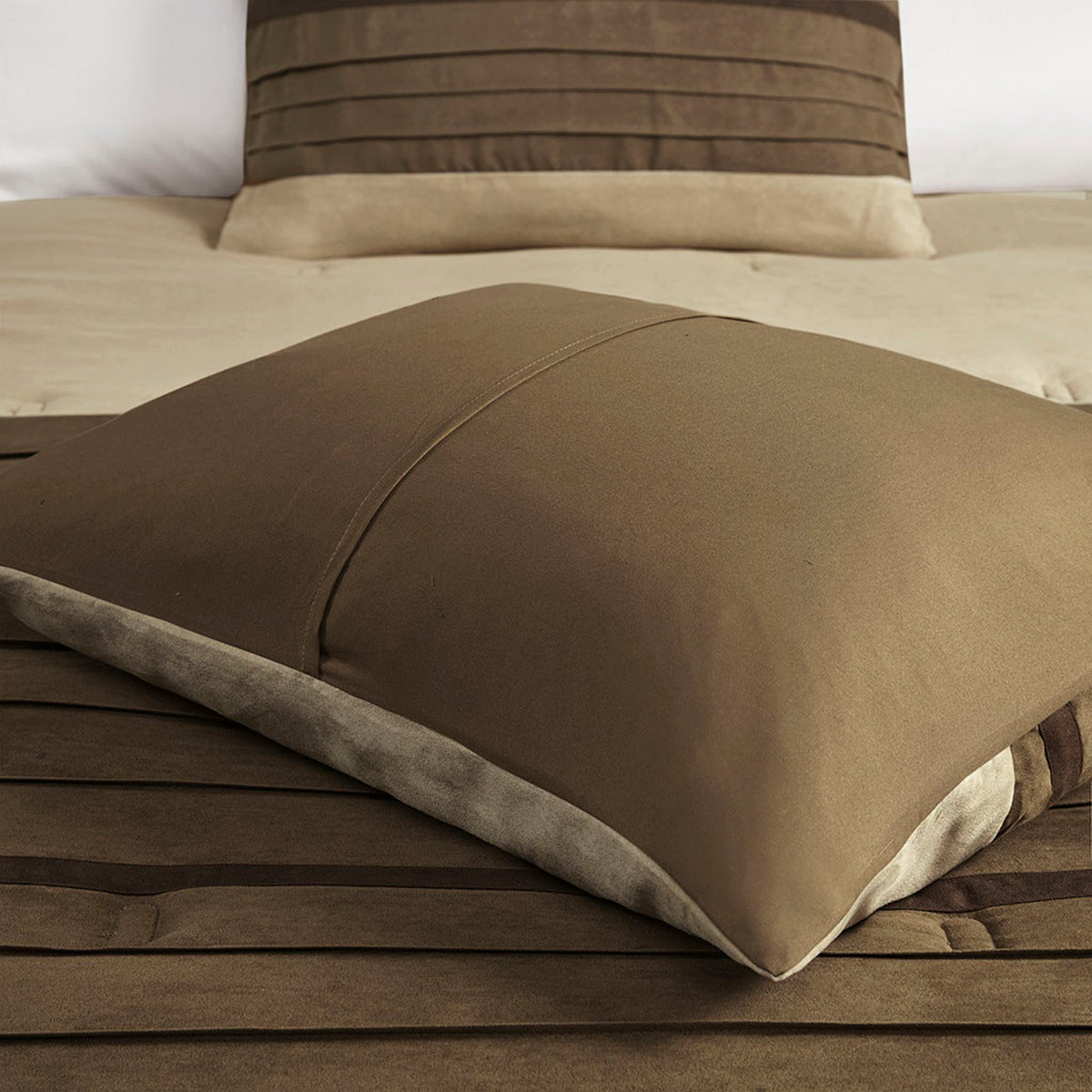 7 Pc Pieced Faux Suede Comforter Set Natural Queen Queen Natural Polyester