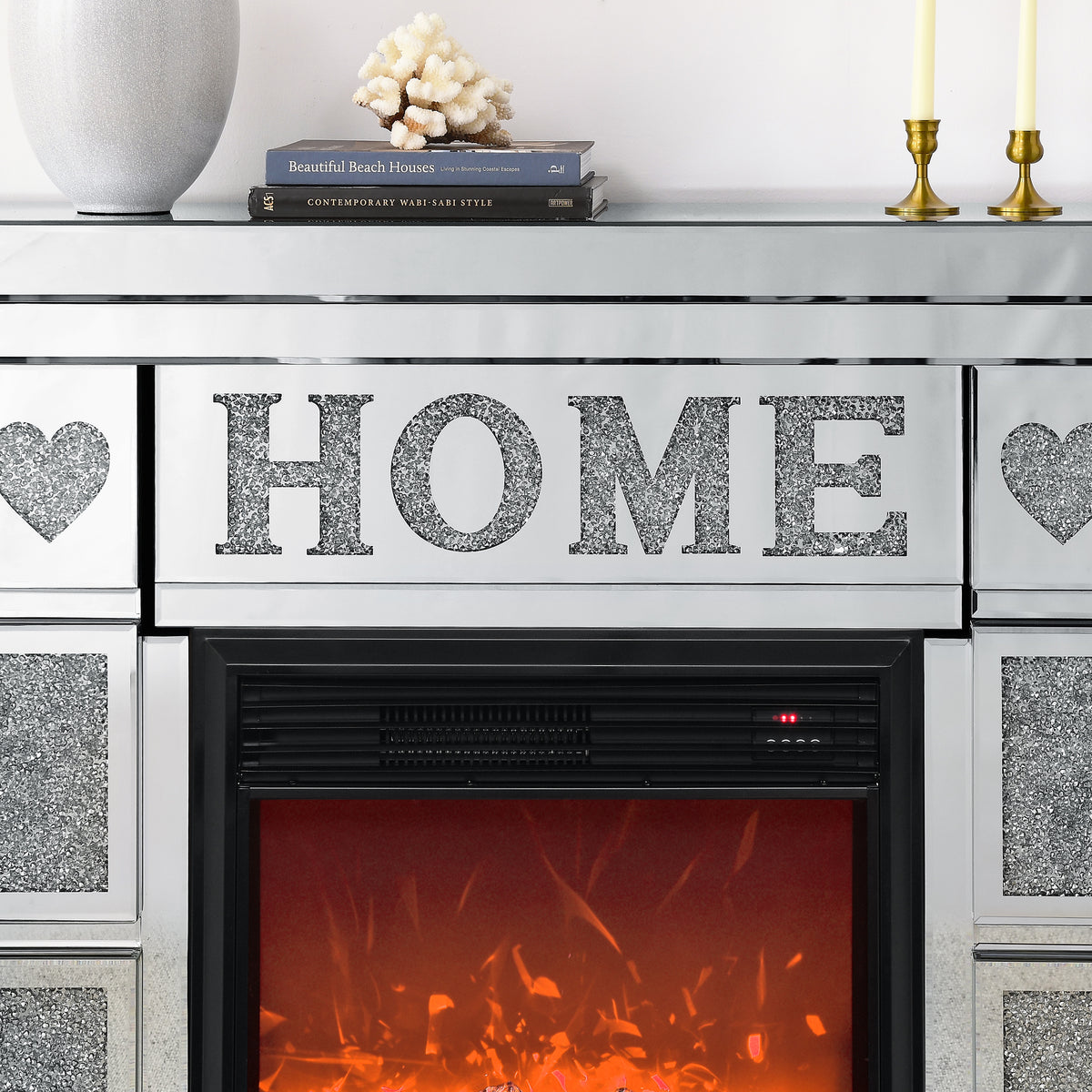 W 46" X D 12.6 X H 41 " Acrylic Diamond Mirror Fireplace Cabinet, Tv Fireplace Cabinet Powder Coated Electric Bedroom Yes Freestanding Electric 41 50 Yes Silver 400 Natural Vent American Design Acrylic Mdf Glass