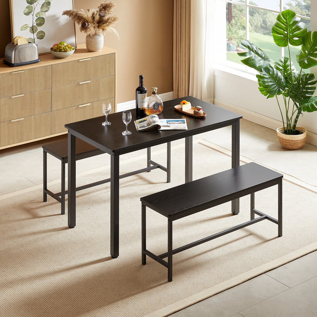Dining Table Set, Bar Table With 2 Dining Benches, Kitchen Table Counter With Chairs, Industrial For Kitchen Breakfast Table, Living Room, Party Room, Black43.3 L X23.6 W X 29.9 H Black Particle Board