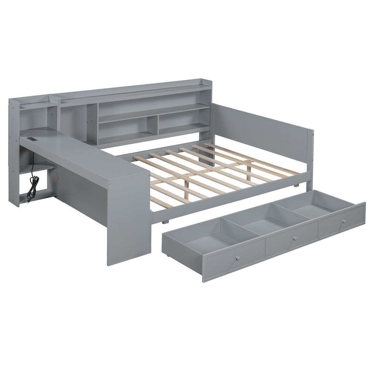Full Size Wooden Daybed With 3 Drawers, Usb Ports And Deskgray Full Gray Wood