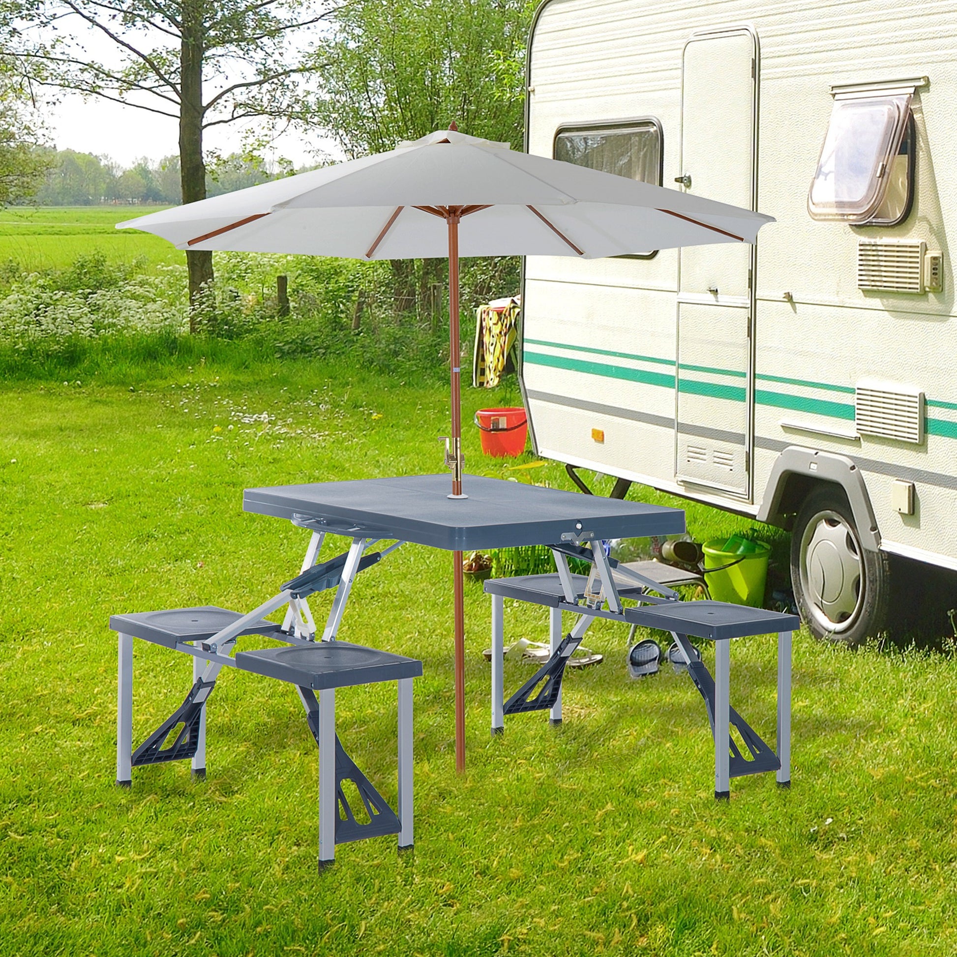 Outsunny Folding Picnic Table With Seats And Umbrella Hole, Portable Camping Chairs Set, 4 Seat, Aluminum Frame, Dark Gray Dark Grey Aluminum