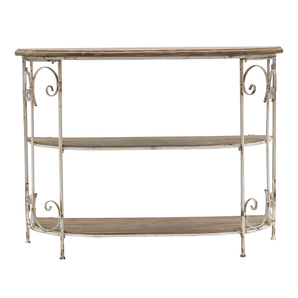 43.5X14X32" Three Tiered White Wooden Shelving Unit With Ornate Iron Frame Multicolor Antique,Boho,Farmhouse,French Country,Rustic Wood Metal