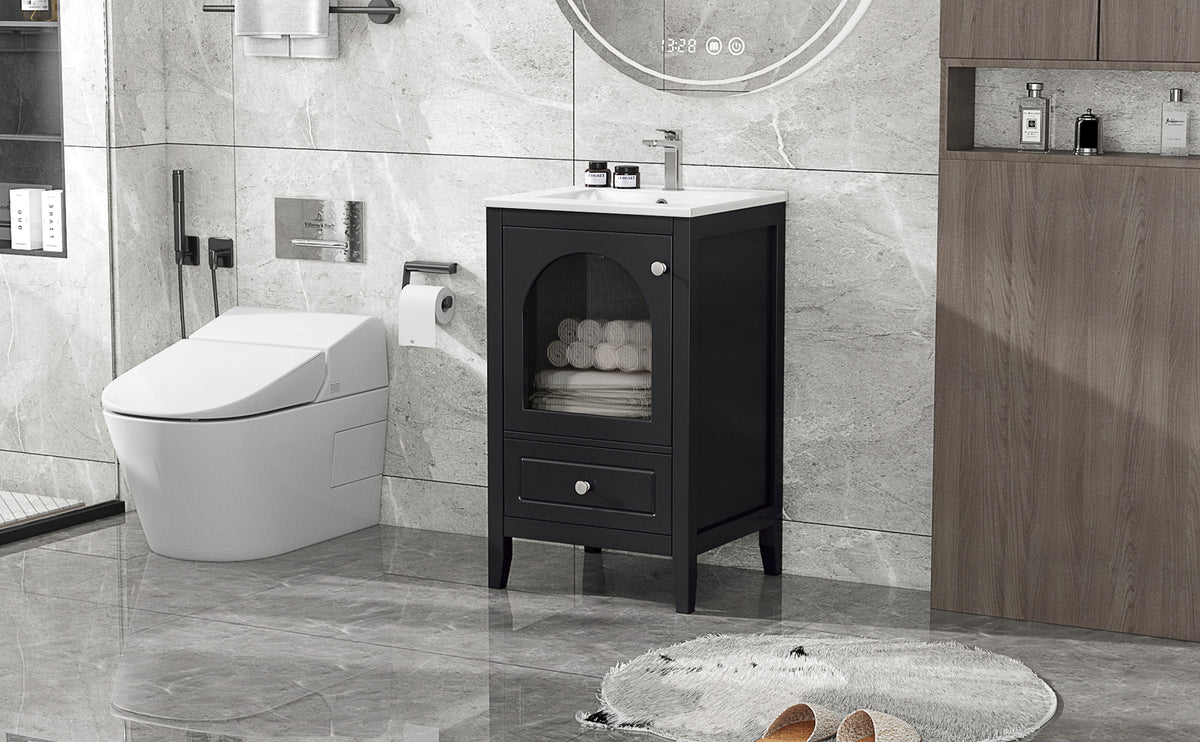20" Bathroom Vanity With Sink, Bathroom Cabinet With Soft Closing Glass Door, A Drawer, Black Black Mdf