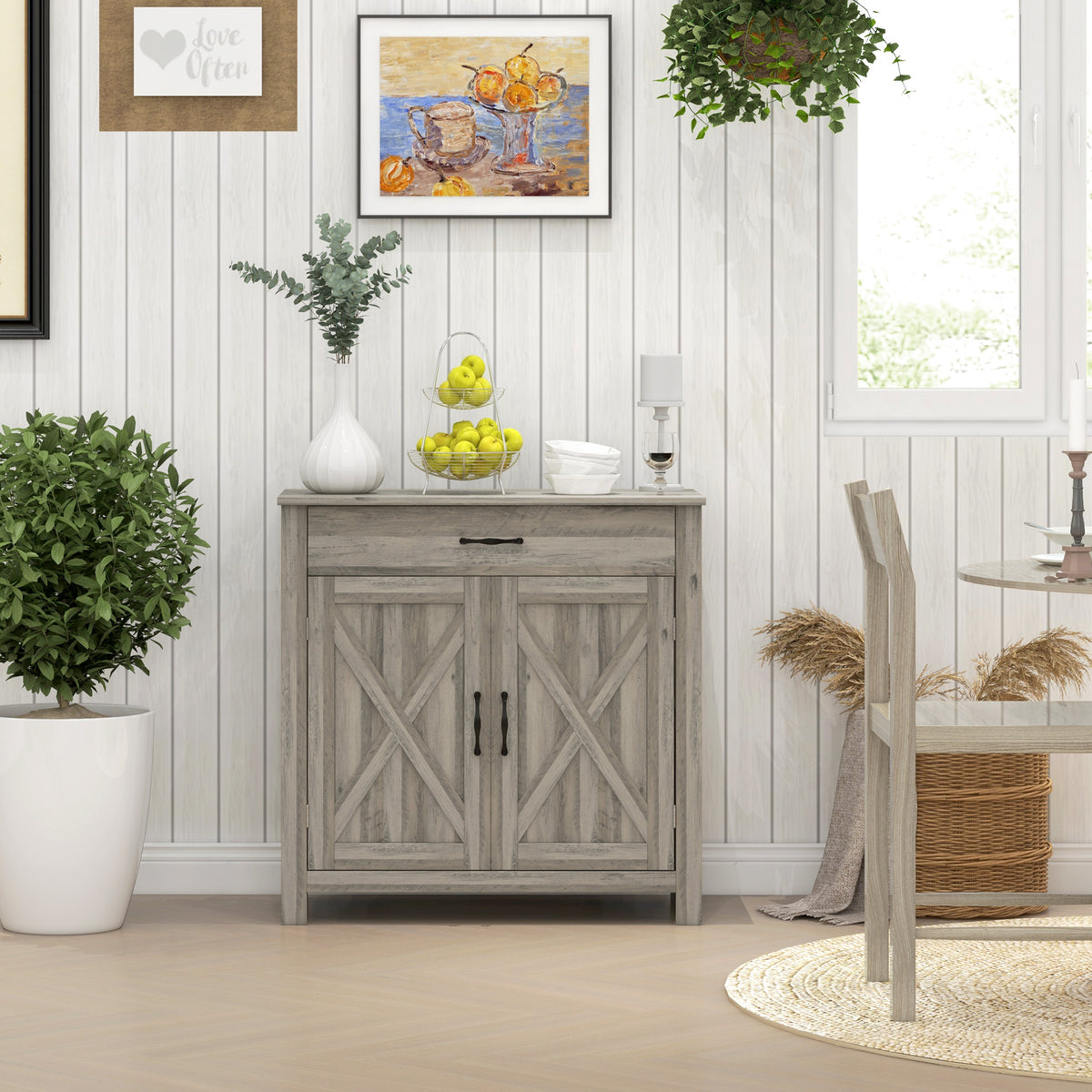 Homcom Farmhouse Sideboard Buffet Cabinet, Barn Door Coffee Bar Cabinet With Drawer And Adjustable Shelf, Kitchen Cabinet For Living Room, Entryway, Gray Wash Gray Wash Mdf