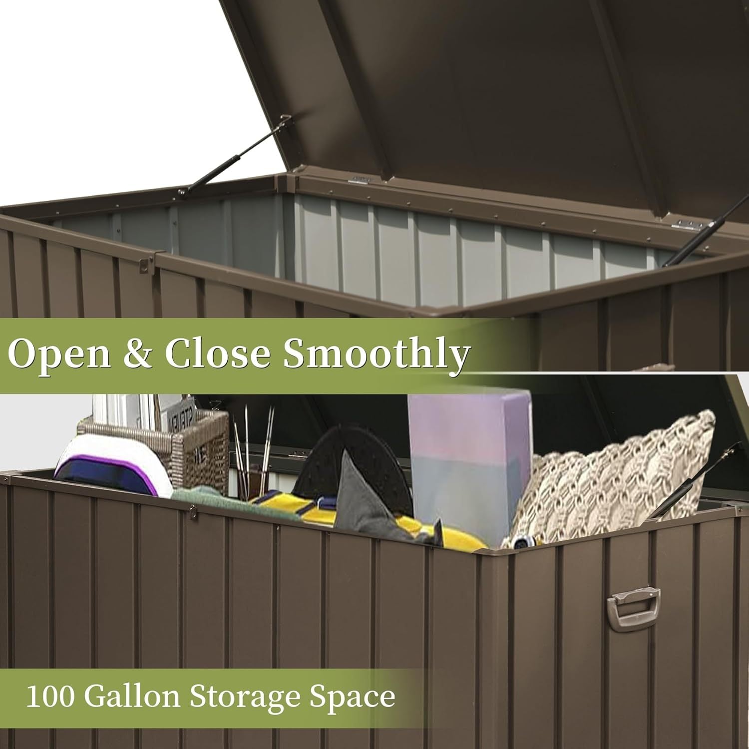 100 Gallon Outdoor Storage Deck Box Waterproof, Large Patio Storage Bin For Outside Cushions, Throw Pillows, Garden Tools, Lockable Dark Brown Dark Brown Steel
