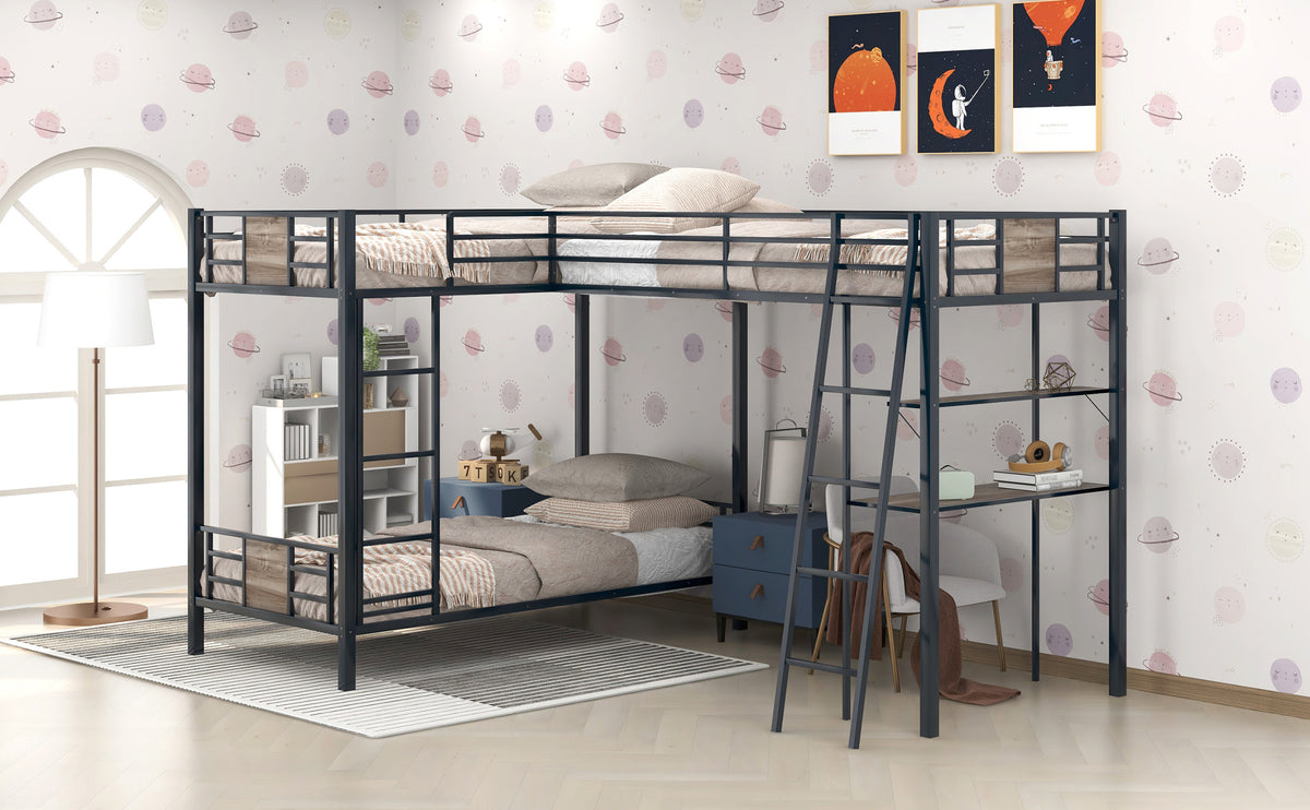 L Shaped Twin Over Twin Bunk Bed With Twin Size Loft Bed With Desk And Shelf ,Brown Brown Steel