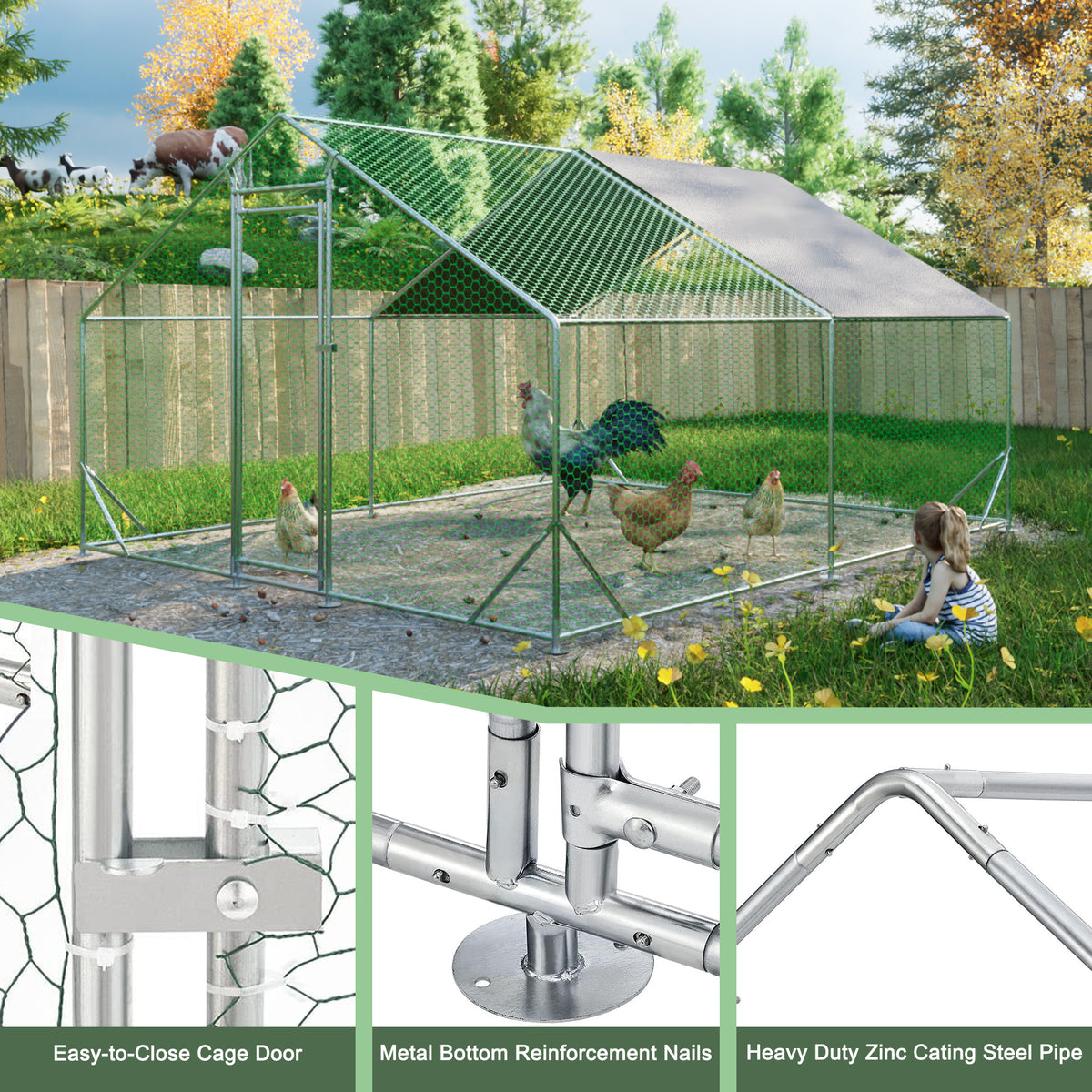 Large Metal Chicken Coop, Walk In Chicken Run,Galvanized Wire Poultry Chicken Hen Pen Cage, Rabbits Duck Cages With Waterproof And Anti Ultraviolet Cover For Outside 10' L X 13 W X 6.56' H Silver Metal