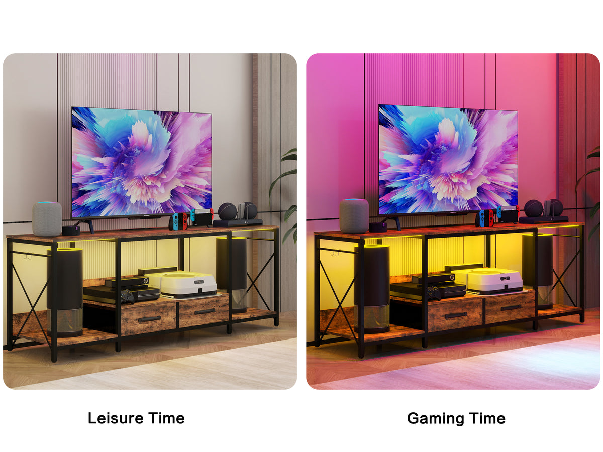 Tv Stand With Led Lights Power Outlets Tv Stand With Fabric Drawers For 65 70 75 Inches Tv Entertainment Center And Industrial Tv Console Table With Open Storage Shelves For Living Room, Bedroom