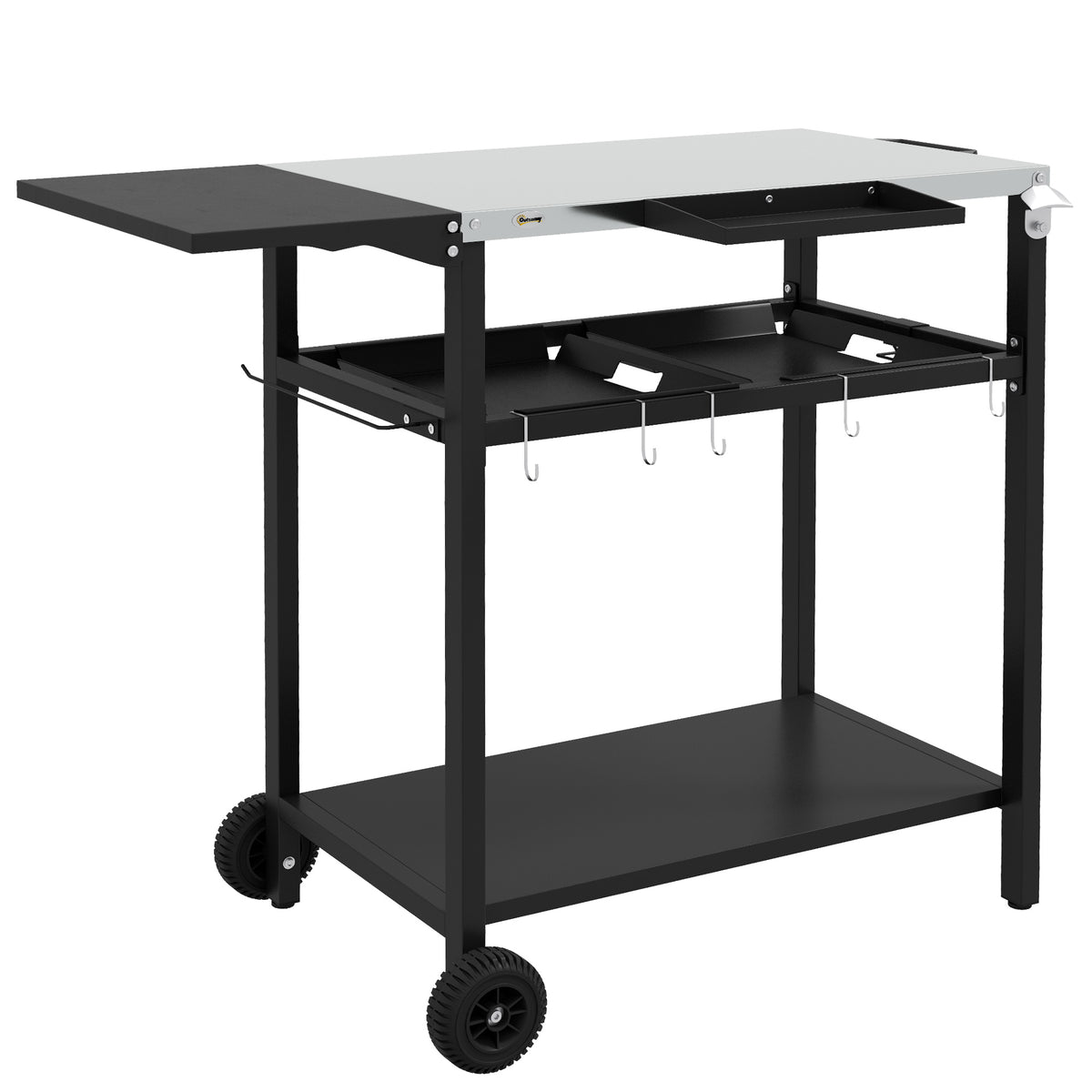 Outsunny Outdoor Bar Cart With Stainless Steel Tabletop, Kitchen Island With Wheels, 2 Tiers & Seasoning Shelf, Patio Serving Cart With Hooks, Towel & Garbage Bag Holder, Plates & Spice Jars, Black Black Steel