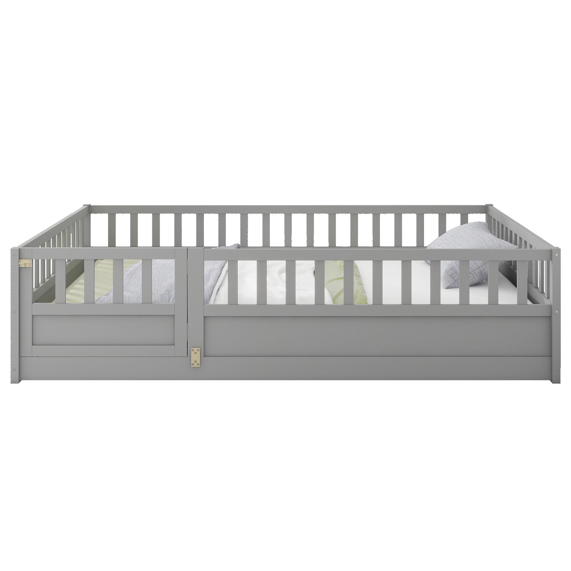Full Size Floor Bed, Integral Construction With Super High Security Barrier, Door, Children'S Floor Bed Frame, Montessori Wooden Children'S Floor Bed, Support Slat Grey Box Spring Required Full Grey Wood Brown Bedroom American Design,Artsy Pine Bed Frame