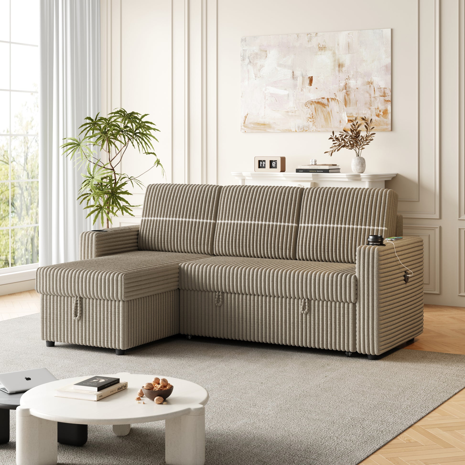 85 Inches Corduroy Sofa Bed, 3 Seater Sleeper Sofa With Storage Chaise, Square Handrail With Two Cup Holder And Usb Charge Port, Pull Out Couch For Living Room Brown Corduroy 3 Seat
