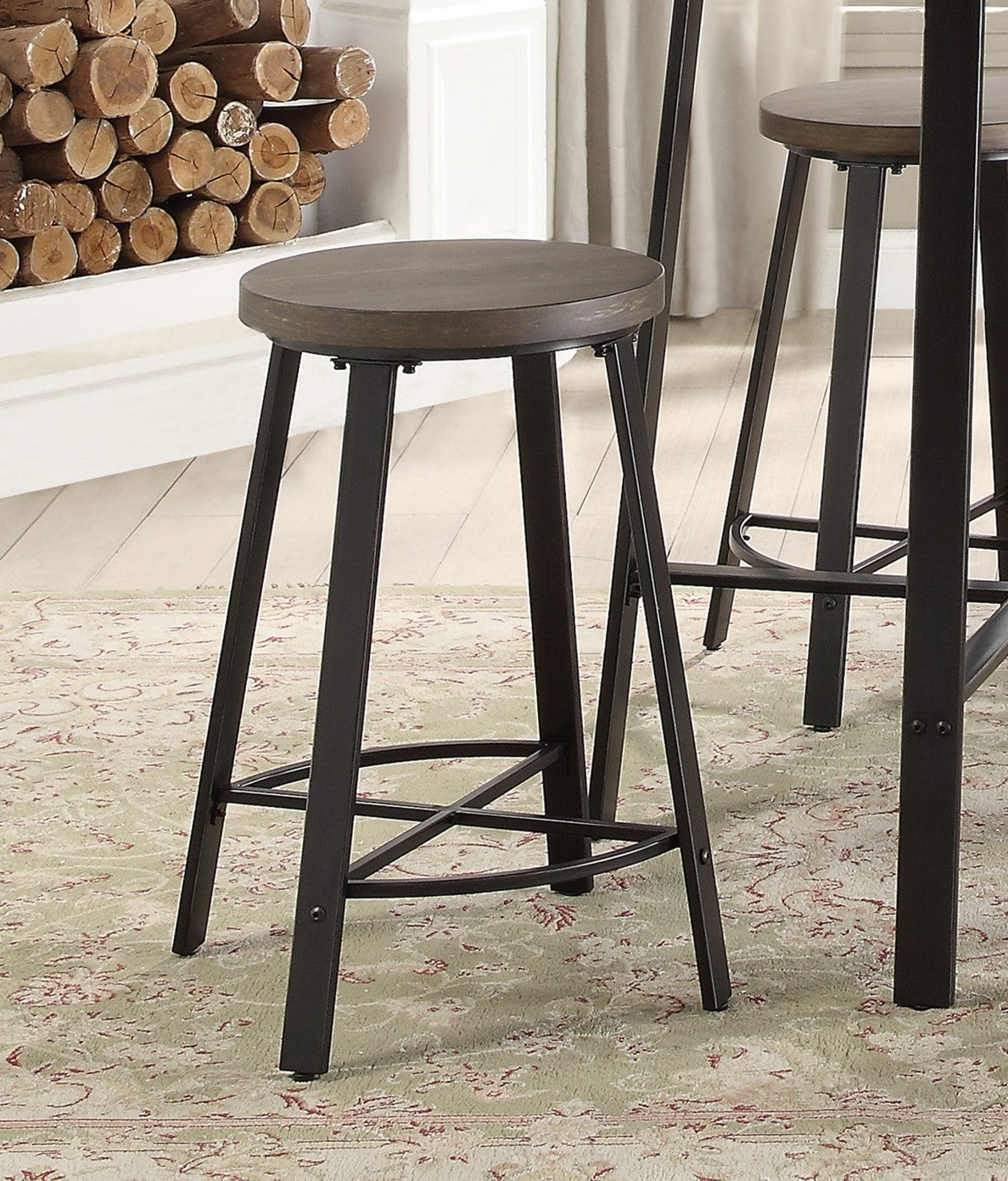 Set Of 2 Counter Height Stools Gray Metal Finish Rustic Industrial Style Furniture Brown,Gray Dining Room Industrial,Rustic Metal