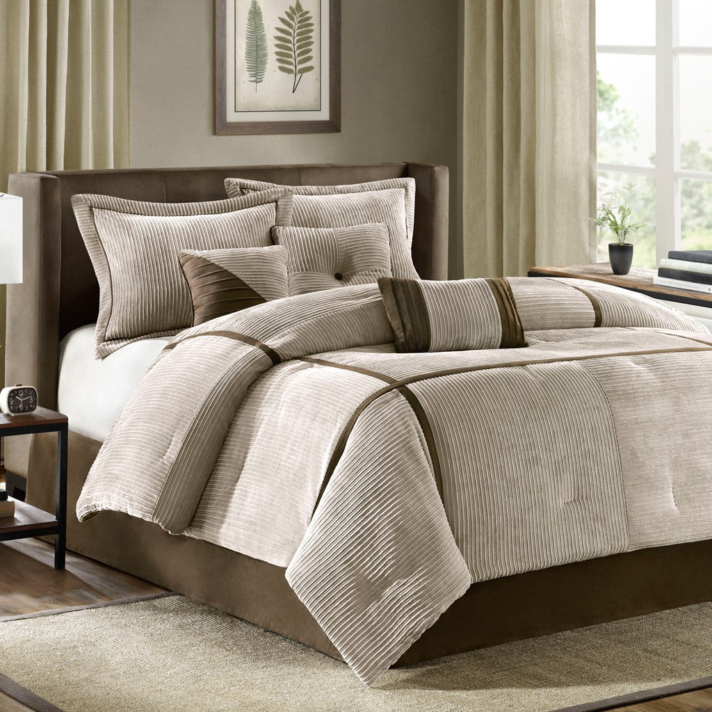 7 Piece Micro Corduroy Comforter Set Taupe Queen Queen Taupe Polyester