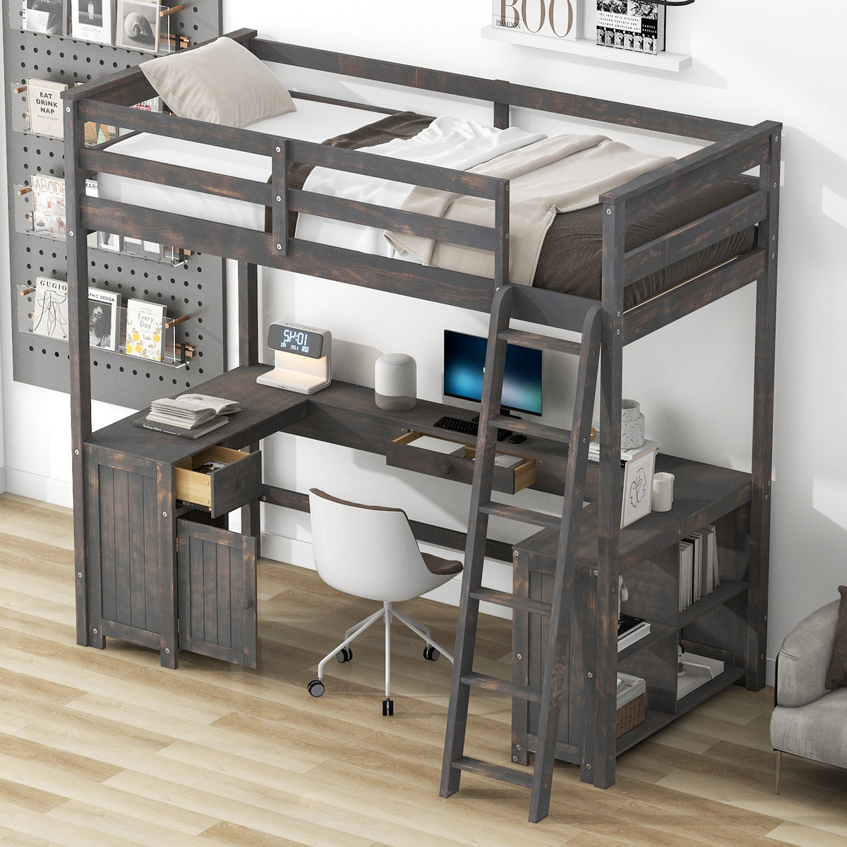 Twin Size Loft Bed With U Shaped Desk, Drawers And Storage Shelves, Antique Brown Box Spring Not Required Twin Antique Brown Wood Bedroom Solid Wood Mdf