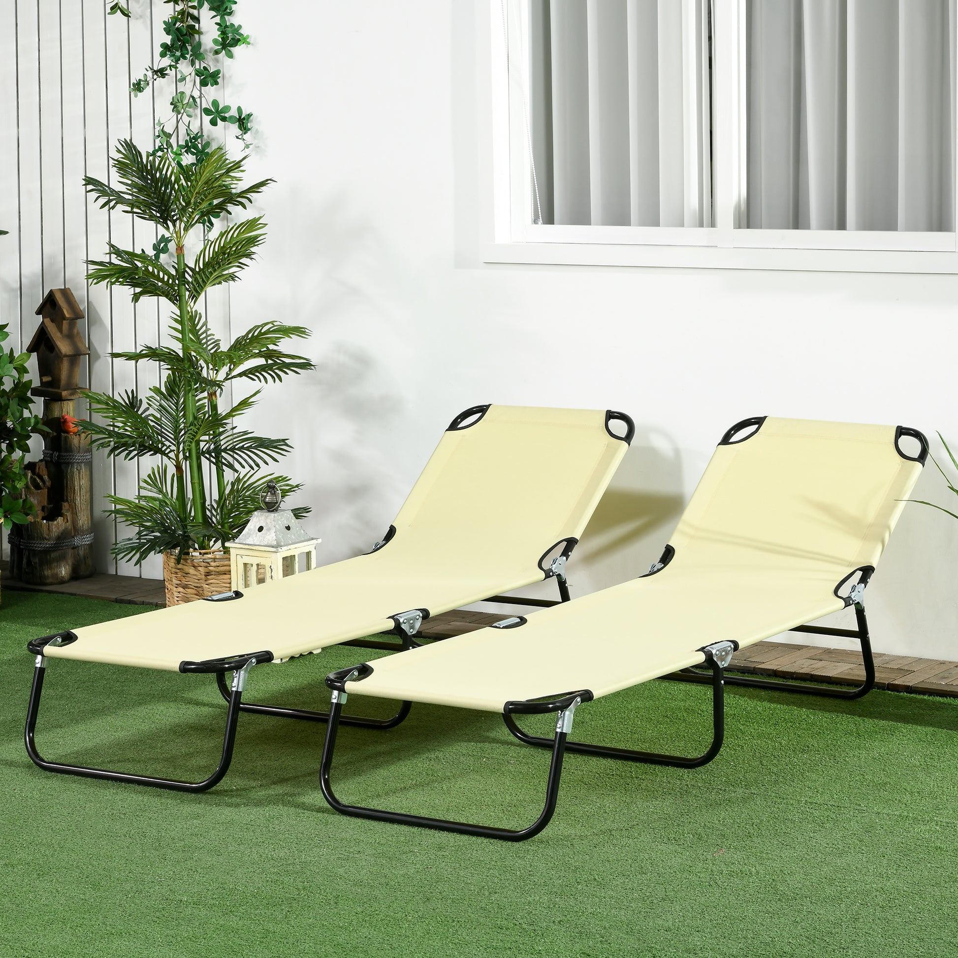 Outsunny 2 Piece Folding Chaise Lounge Pool Chairs, Outdoor Sun Tanning Chairs With 5 Level Reclining Back, Steel Frame For Beach, Yard, Patio, Beige Beige Steel