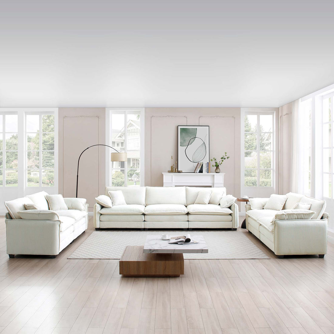 Modern Living Room Sofa 3 Pieces Set, Two 2 Seater Sofas And One 3 Seater Sofas, Upholstery Large Deep Seat Sofa With Sofat Cushion And Pillowss, Beige Corduroy Beige Corduroy 7 Seat