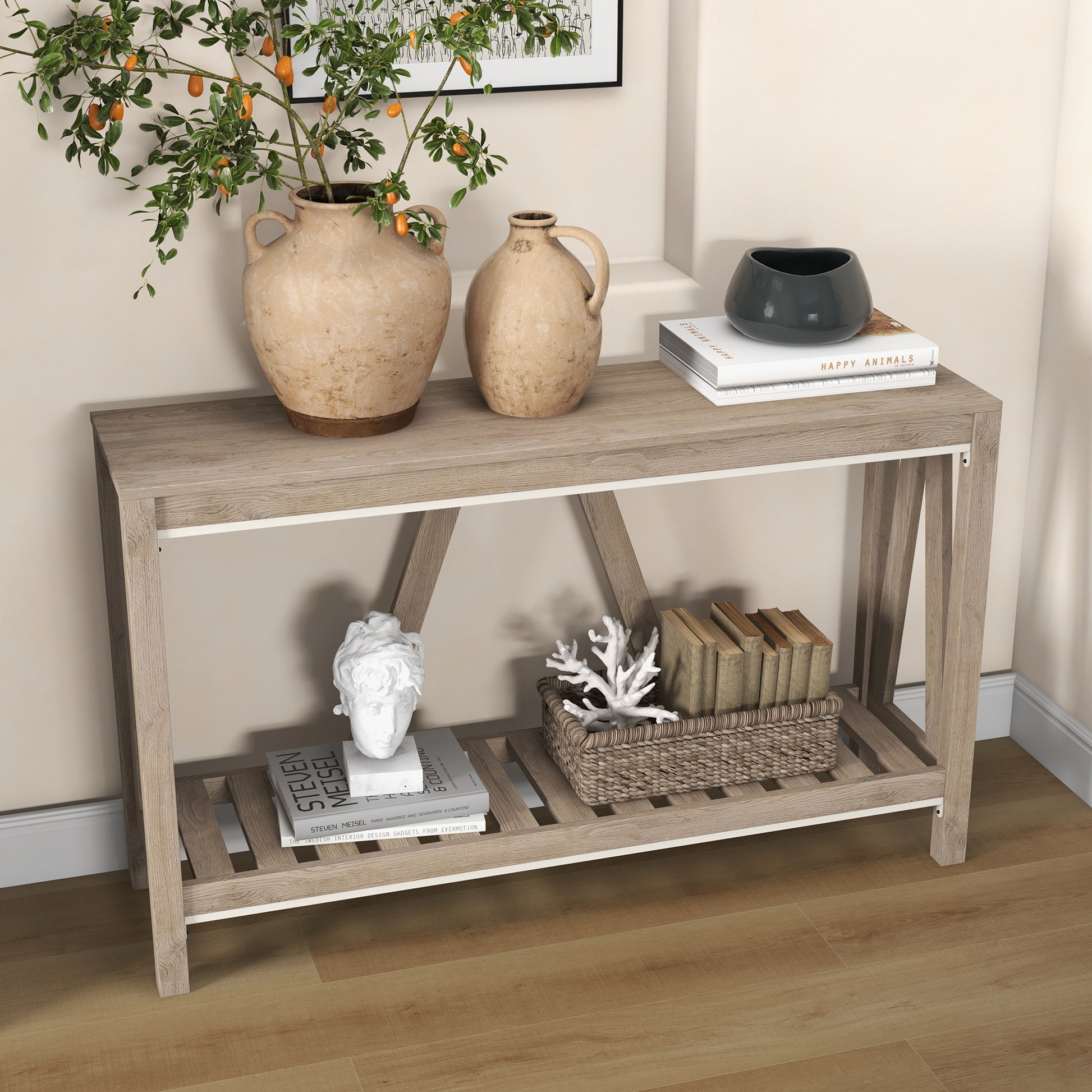 Homcom Console Table, Farmhouse Entryway Table With Storage Slatted Shelf, Rustic Sofa Table With Anti Tipper For Living Room, Hallway, Gray Gray Particle Board