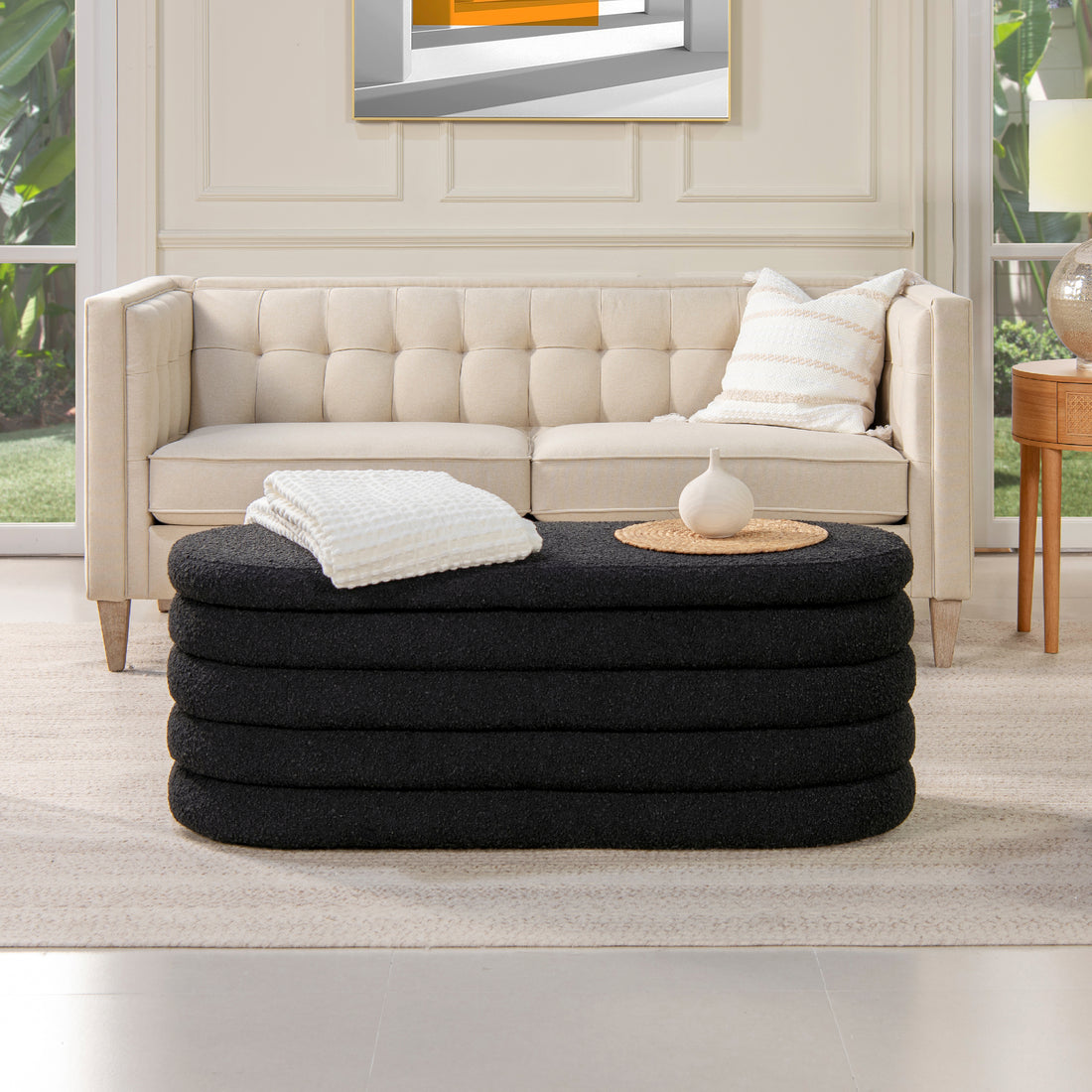 Fuji 49" Upholstered Oval Storage Bench, Ebony Black Boucle Black Foam Boucle