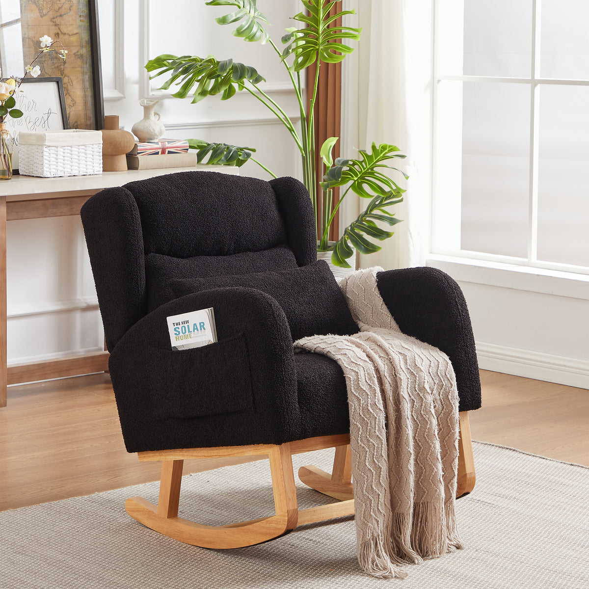 27.2"W Modern Accent High Backrest Living Room Lounge Arm Rocking Chair, Two Side Pocket Black Foam Fabric