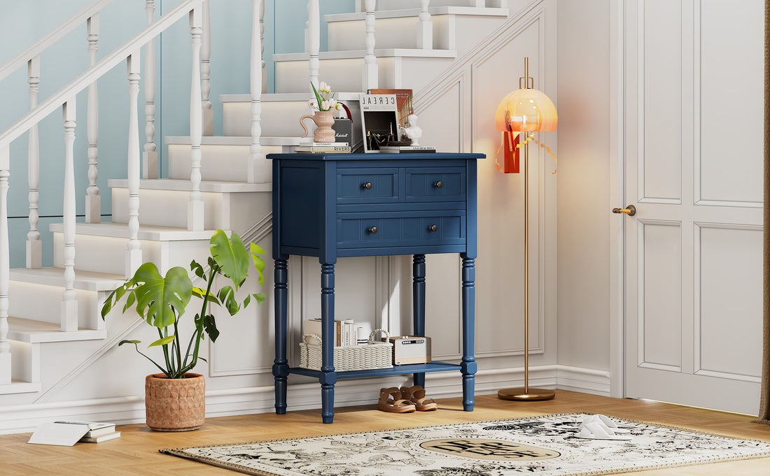 Narrow Console Table, Slim Sofa Table With Three Storage Drawers And Bottom Shelf Navy Navy Solid Wood Mdf