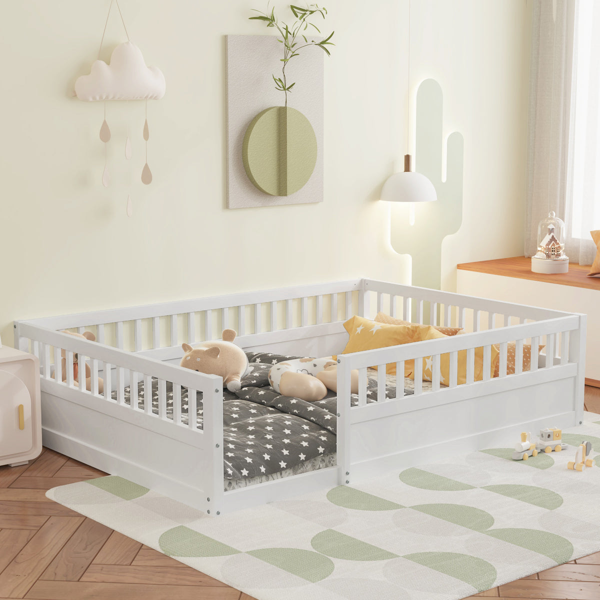 Full Floor Bed Frame With Fence, Wood Kids Floor Beds Frame For Bedroom Playroom,White Expect Arrive Date Jul. 10Th Full White Pine