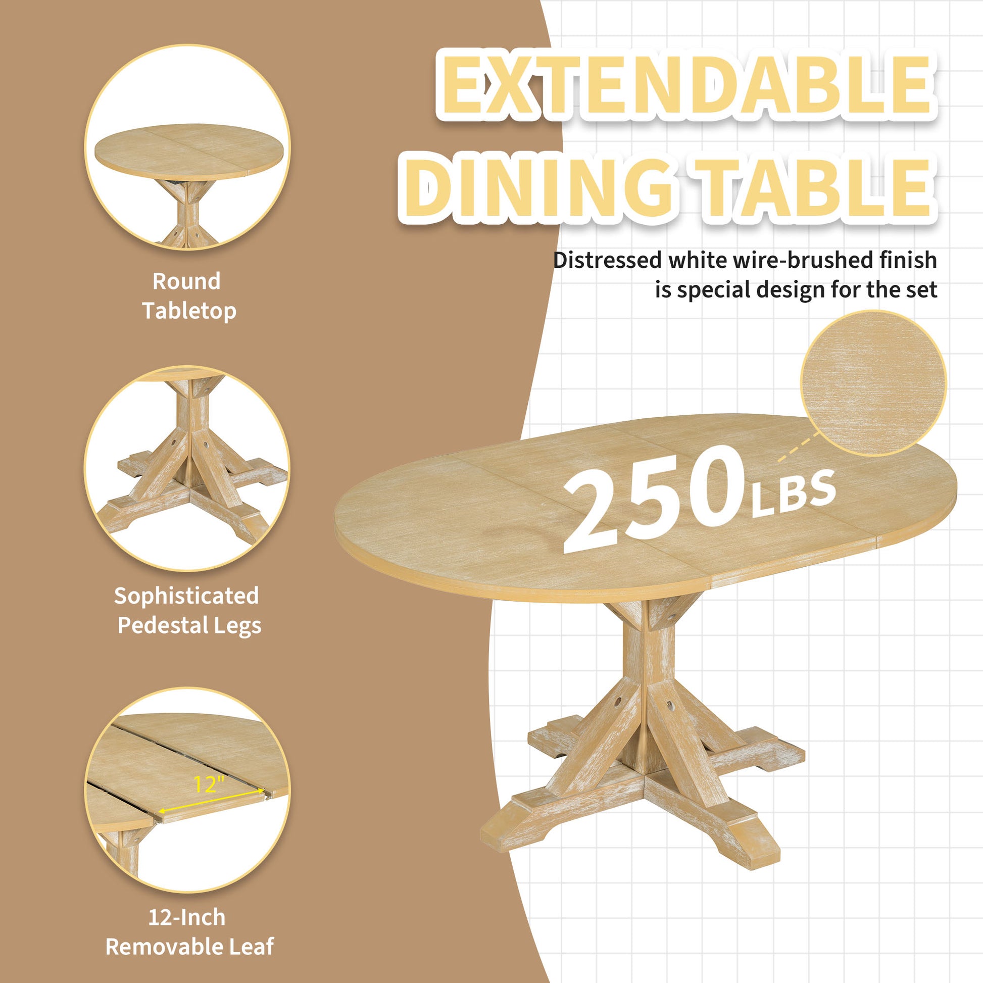 Farmhouse 6 Piece 60Inch Extendable Pedestal Dining Table Set With 18Inch Removable Leaf, 44Inch Bench And 4 Ladder Back Dining Chairs, Natural Wood Dining Room Solid Wood Rubberwood Oval Dining Table With Bench Wood Wood Natural Ladder Back Seats 6 60