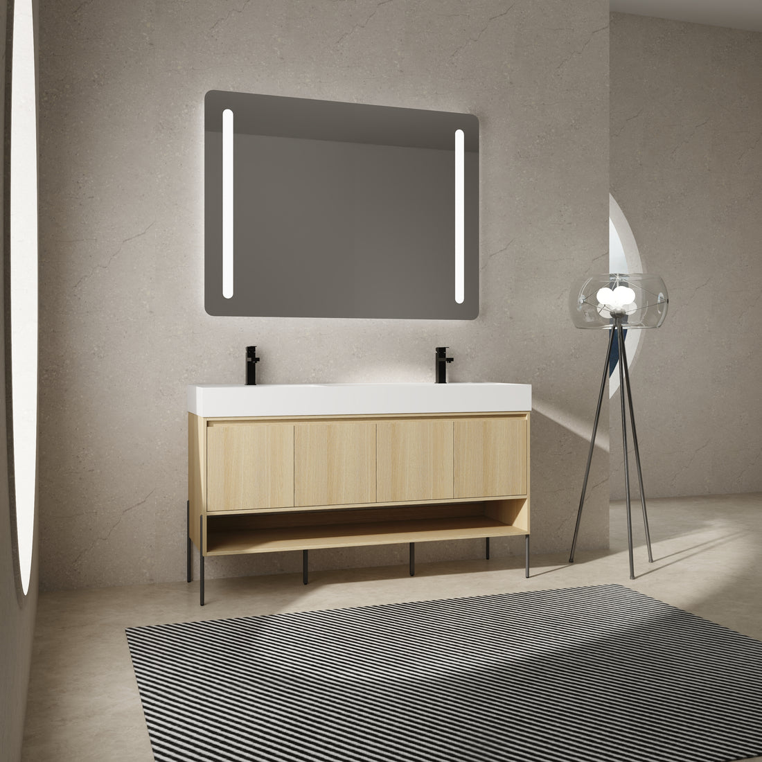 60" Bathroom Vanity Combo W Single Ceramic Sink, Modern Storage Cabinet Set 2 Door, Multilayer Solid Wood, Oak Oak Bathroom American Design Engineered Wood