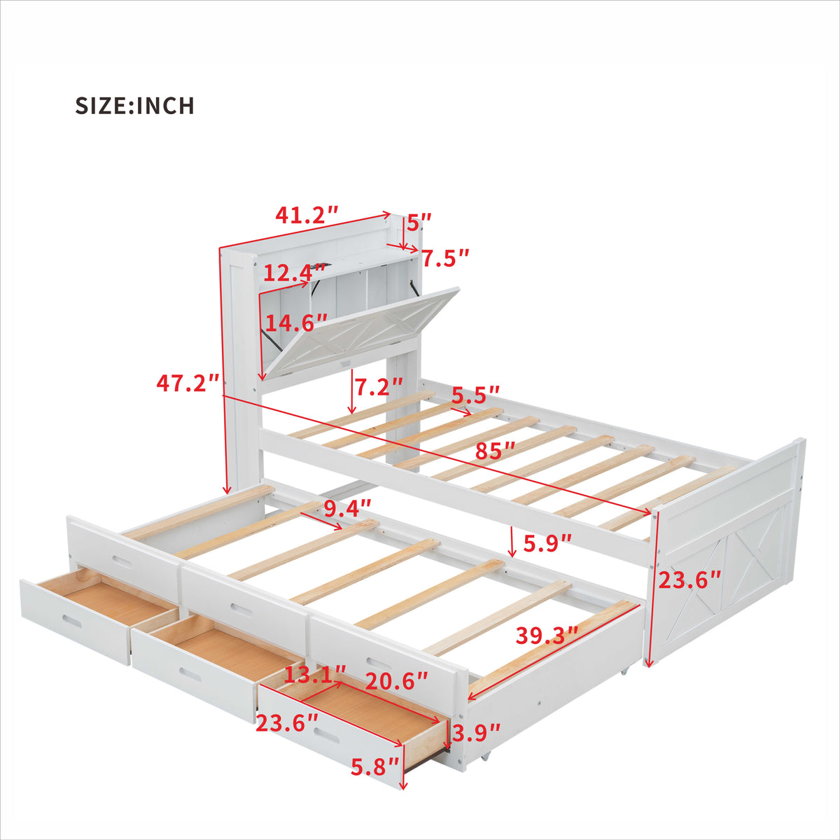 Twin Size Wooden Bed With Storage Headboard With Outlets, Extendable Bed With Twin Size Trundle With Three Storage Drawers,White Twin White Wood