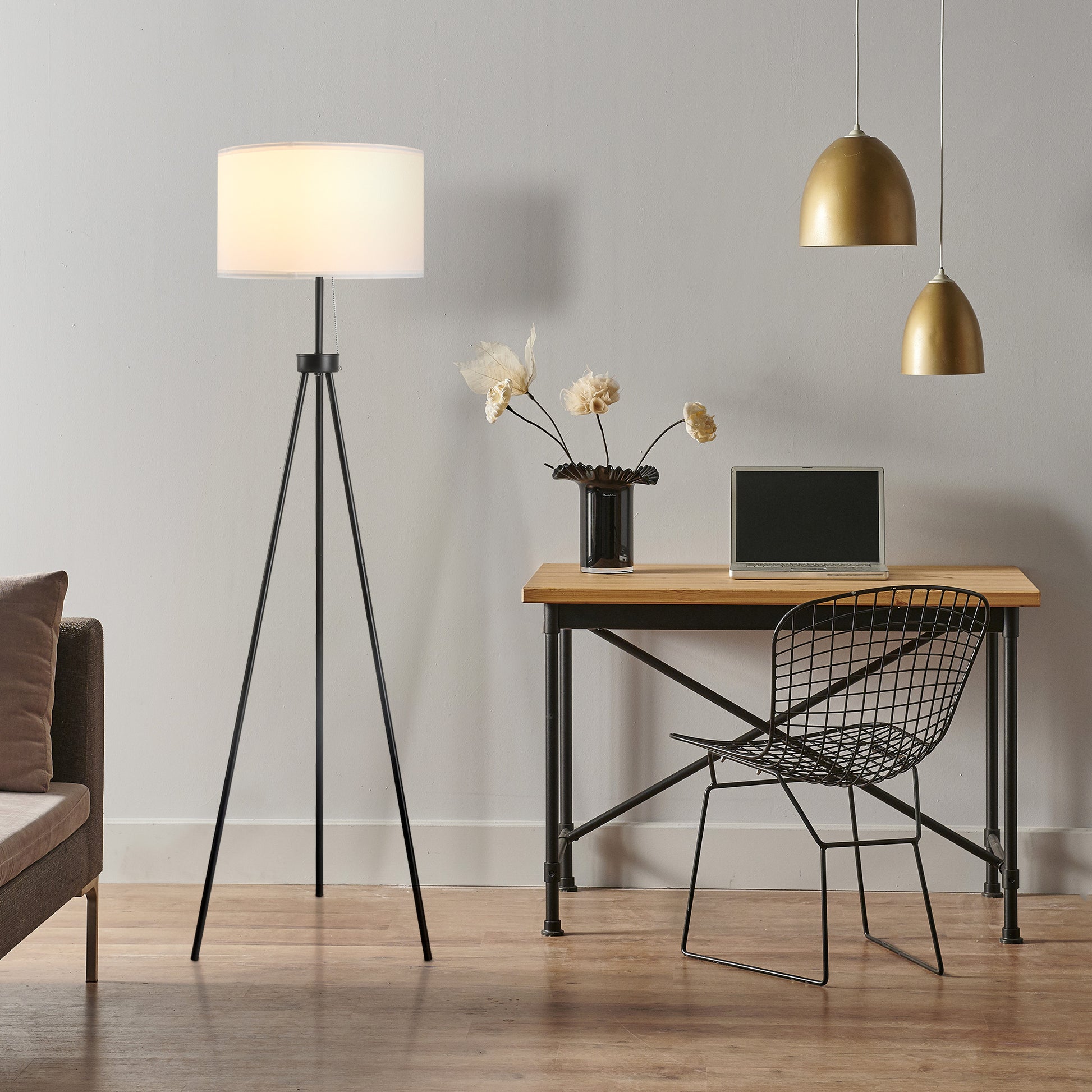 Homcom 59.75" Tripod Floor Lamp With Pull Chain Standing, Fabric Lampshade E26 Lamp Holder Steel For Living Room, Bedroom, Office, Black Black Glass Metal