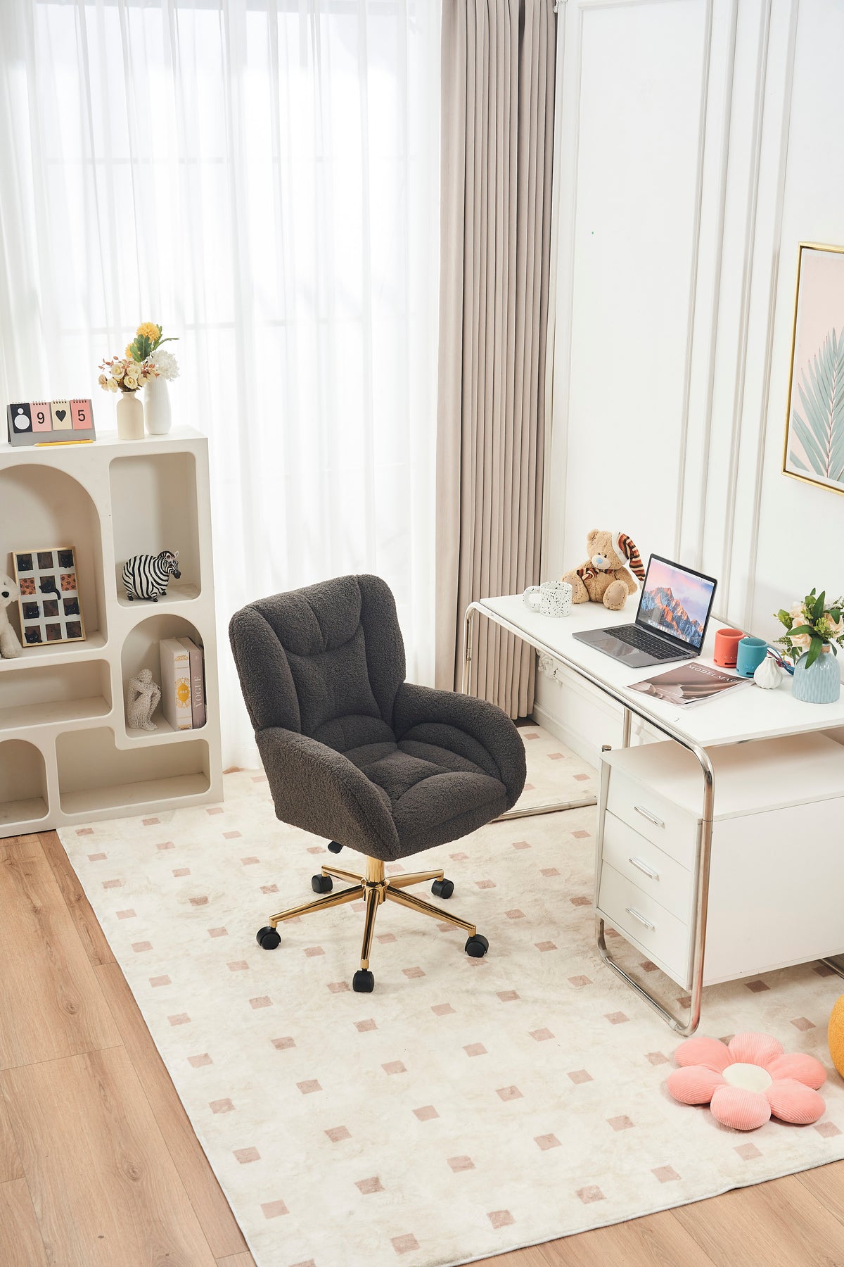 005 Teddy Fabric 360 Swivel Home Office Chair With Gold Metal Base And Universal Wheels,Dark Gray Solid Dark Gray Office Sponge Wipe Clean Modern Office Chairs Tufted Back Foam Swivel Teddy