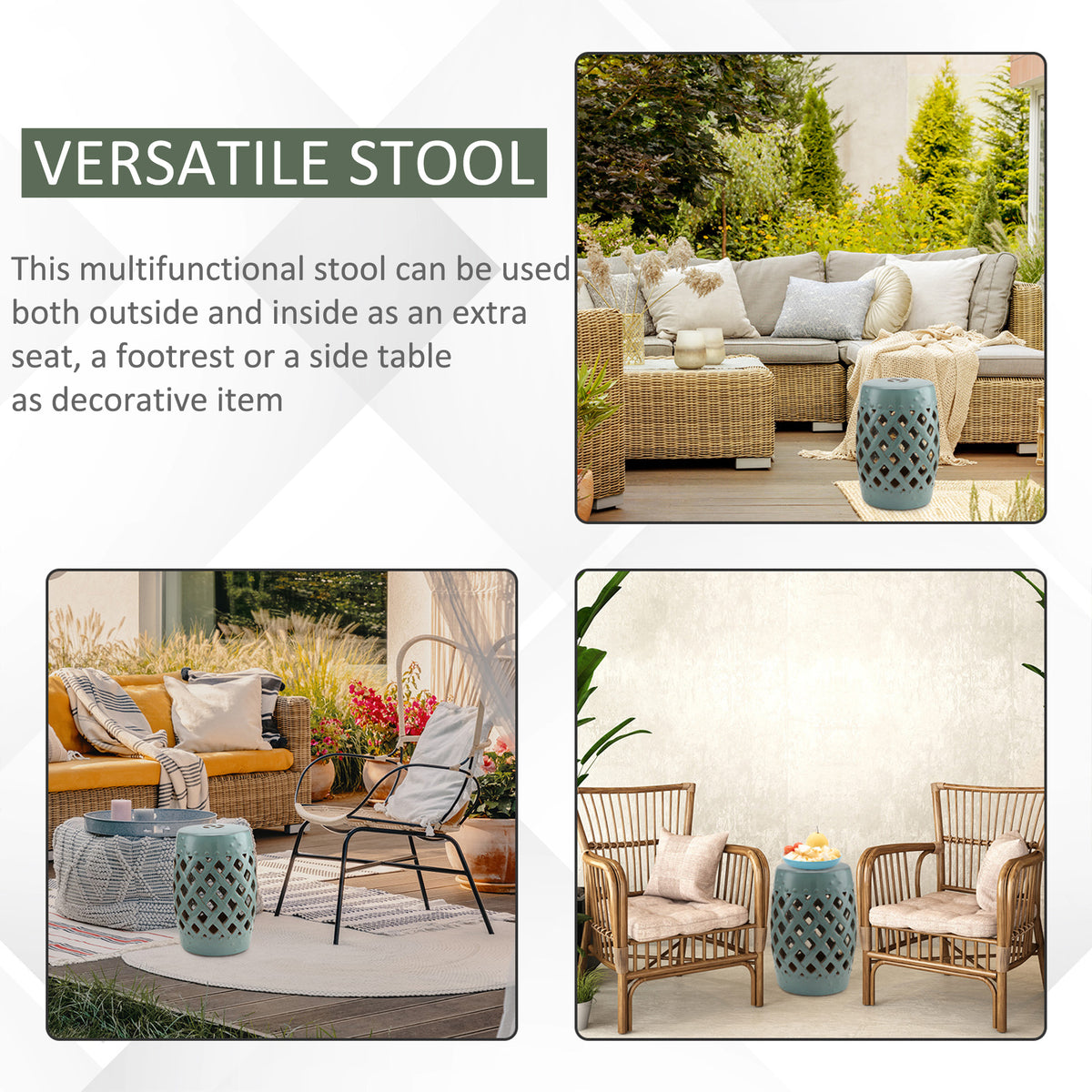Outsunny 13" X 18" Ceramic Garden Stool With Woven Lattice Design & Glazed Strong Materials Decorative End Table, Antique Blue Blue Porcelain