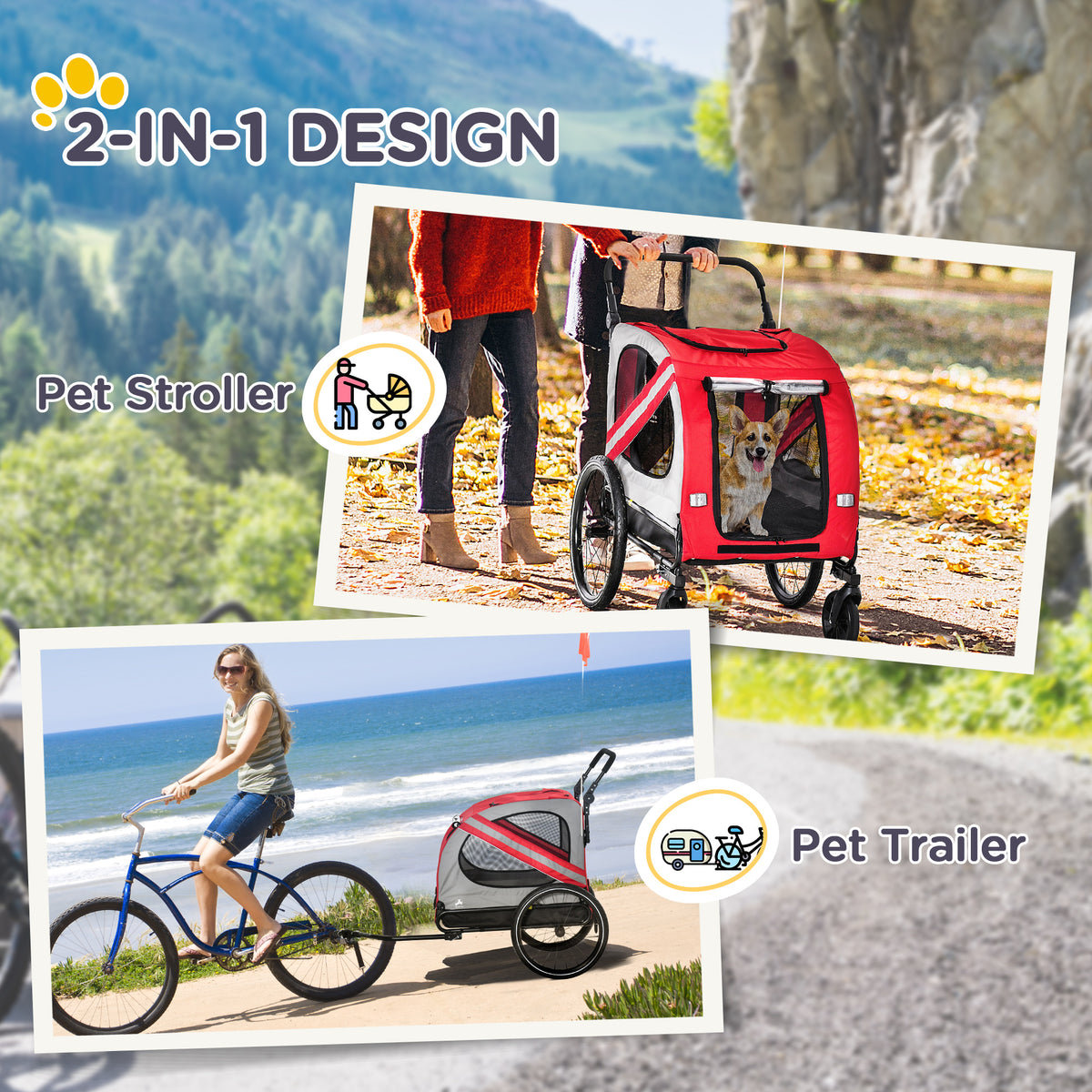 Aosom 2 In 1 Pet Bike Trailer For Small Dogs, Road Visibility Bicycle Stroller, Weather Strong Bike Wagon Trailer Sidecar Attachment, Red Red Steel
