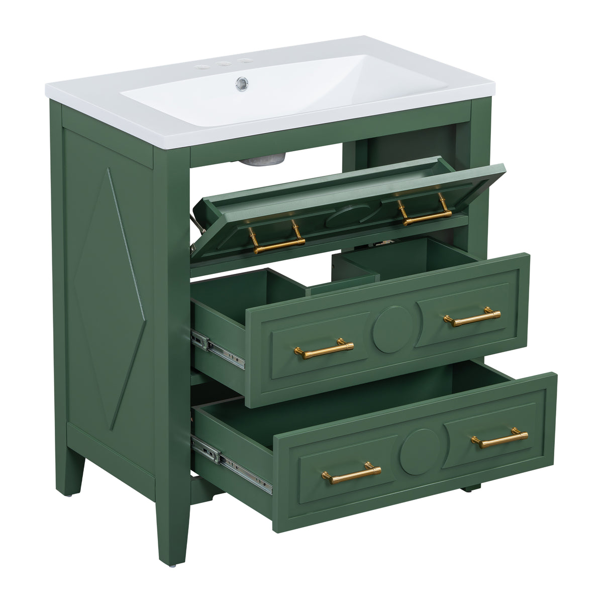 30'' Bathroom Vanity With Resin Sink Combo, Free Standing Single Vanity Set With 3 Drawers, Solid Wood Frame Bathroom Storage Cabinet, Green 3 Green Bathroom Freestanding Solid Wood Mdf Resin Painted