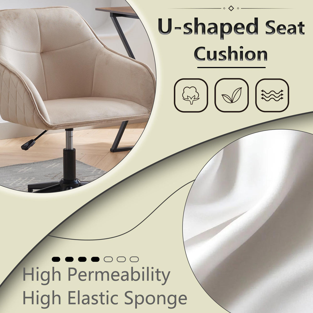 Velvet Office Desk Chair, Modern Home Desk Chair With Wheelsvanity Chairs For Living Room, Bedroom,Study Room Light Camel Foam Polyester Blend