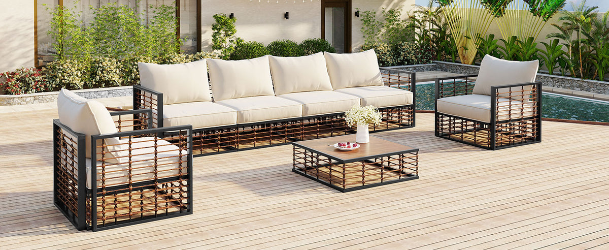 Modern Minimalist 7 Piece Metal Patio Sectional Sofa Set, All Weather Garden Conversational Furniture Set With Thick Cushions And Coffee Table For Indoor Outdoor, Gray Yes Deep Seating White Weather
