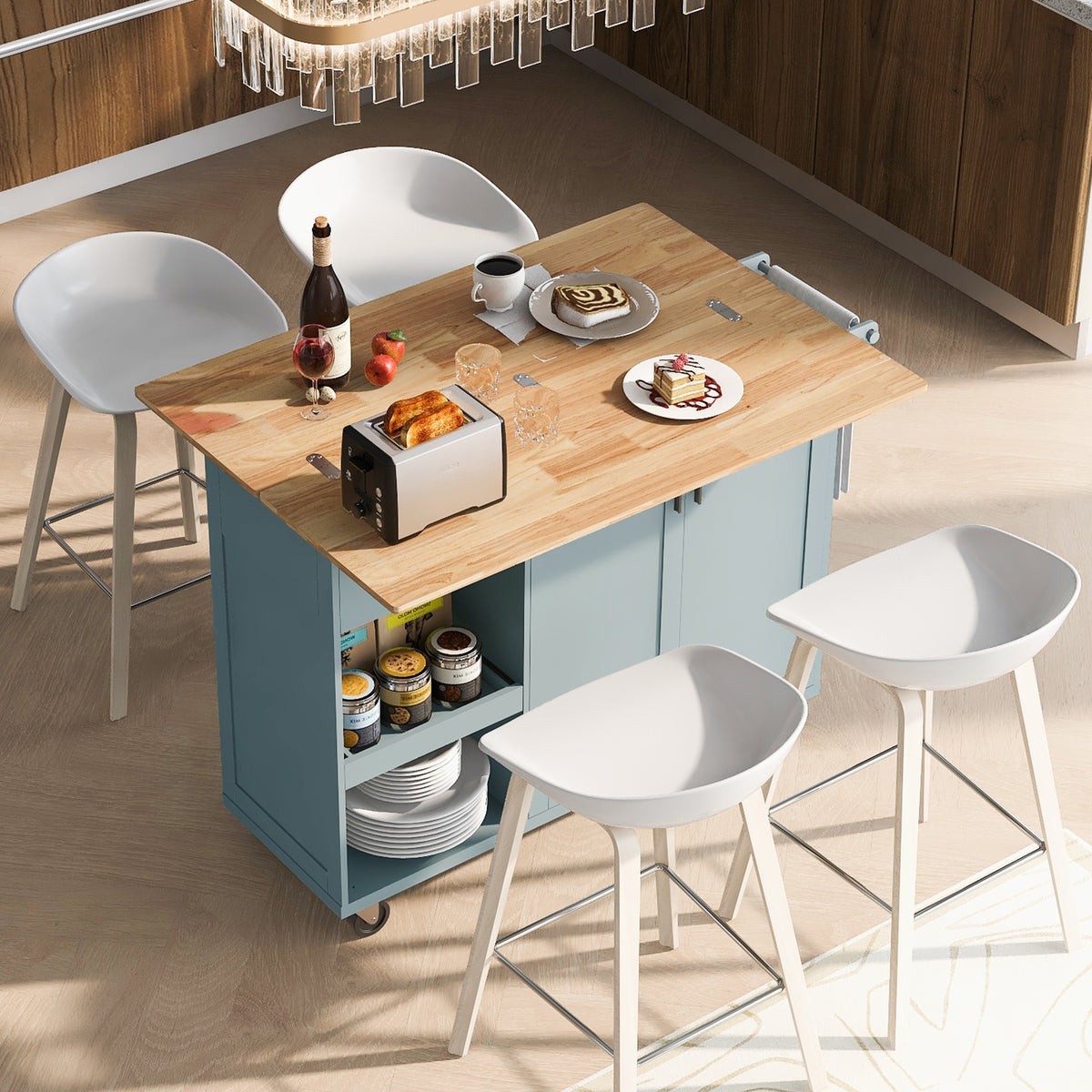 K&K Kitchen Island With Foldable Counter Top, Kitchen Storage Cart With Slide Out Shelf, Towel Rack And Drawer, Rolling Kitchen Cart On Wheels, For Kitchen, Living Room, Dining Room, Grey Blue Grey Blue Brown Kitchen Classic,Farmhouse,Luxury,Modern