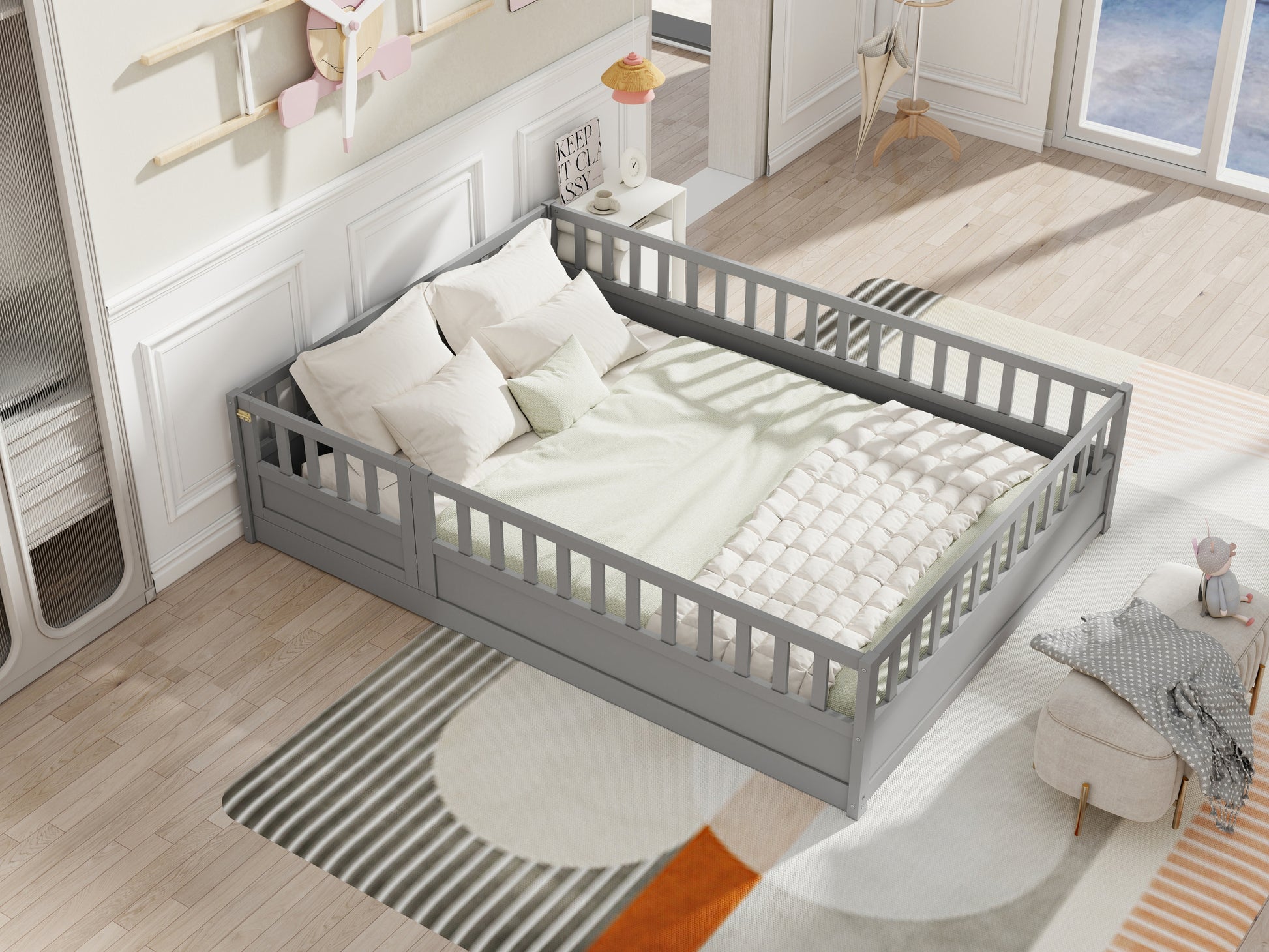 Full Size Floor Bed, Integral Construction With Super High Security Barrier, Door, Children'S Floor Bed Frame, Montessori Wooden Children'S Floor Bed, Support Slat Grey Box Spring Required Full Grey Wood Brown Bedroom American Design,Artsy Pine Bed Frame
