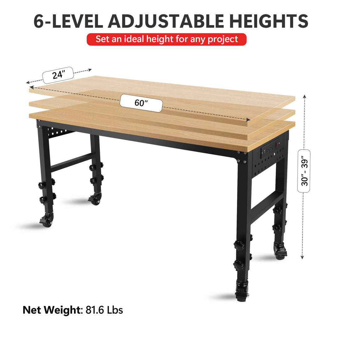 60" 24'' Adjustable Workbench, Rolling Heavy Duty Worktable With Power Outlet And Wheels, Large Load Capacity Rubber Wood Top Workbench For Garage, Office, Workshop, Home, Easy Assembly Black Steel