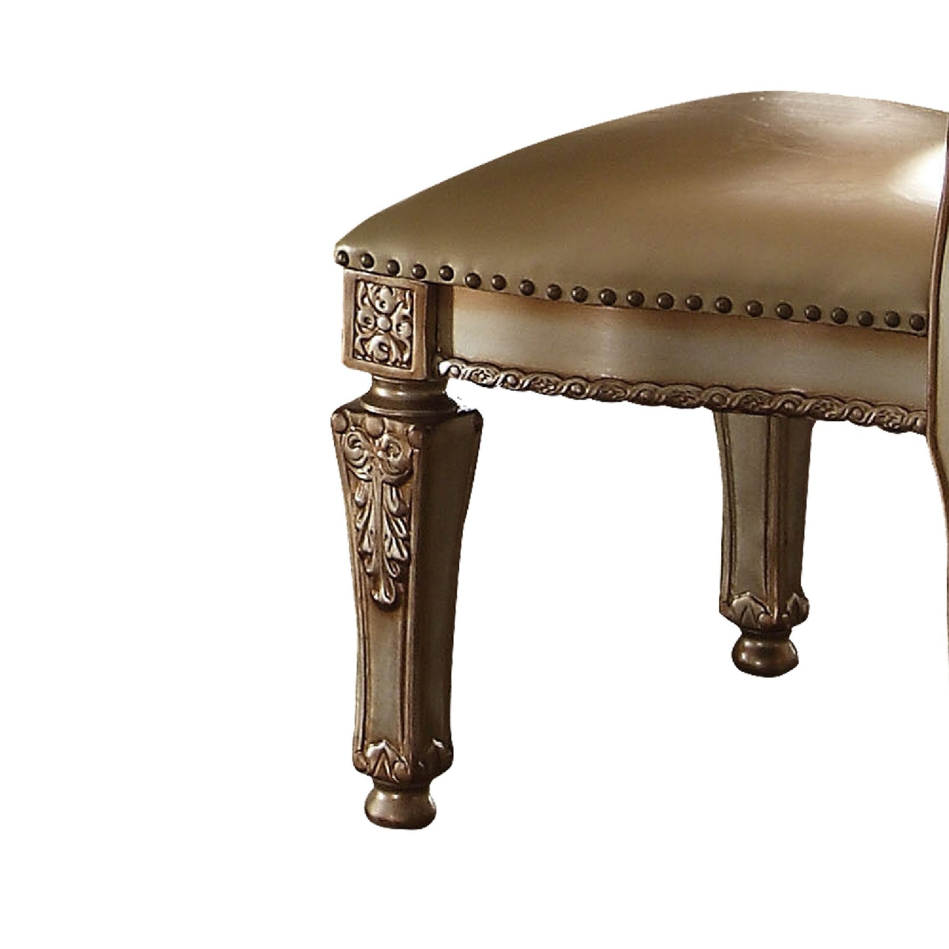 27 Inch Wood Dining Side Chair, Faux Leather, Set Of 2, Gold Gold Wood Fabric